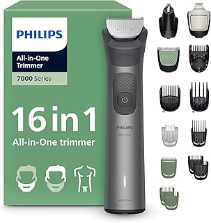 Philips Recortadora todo en uno de 16 en 1 Serie 7000 - Afeitadora y cortapelos hombre para rostro, cabeza y cuerpo, cuchillas de acero autoafilables, 21 longitudes, recargable, MG7931/15