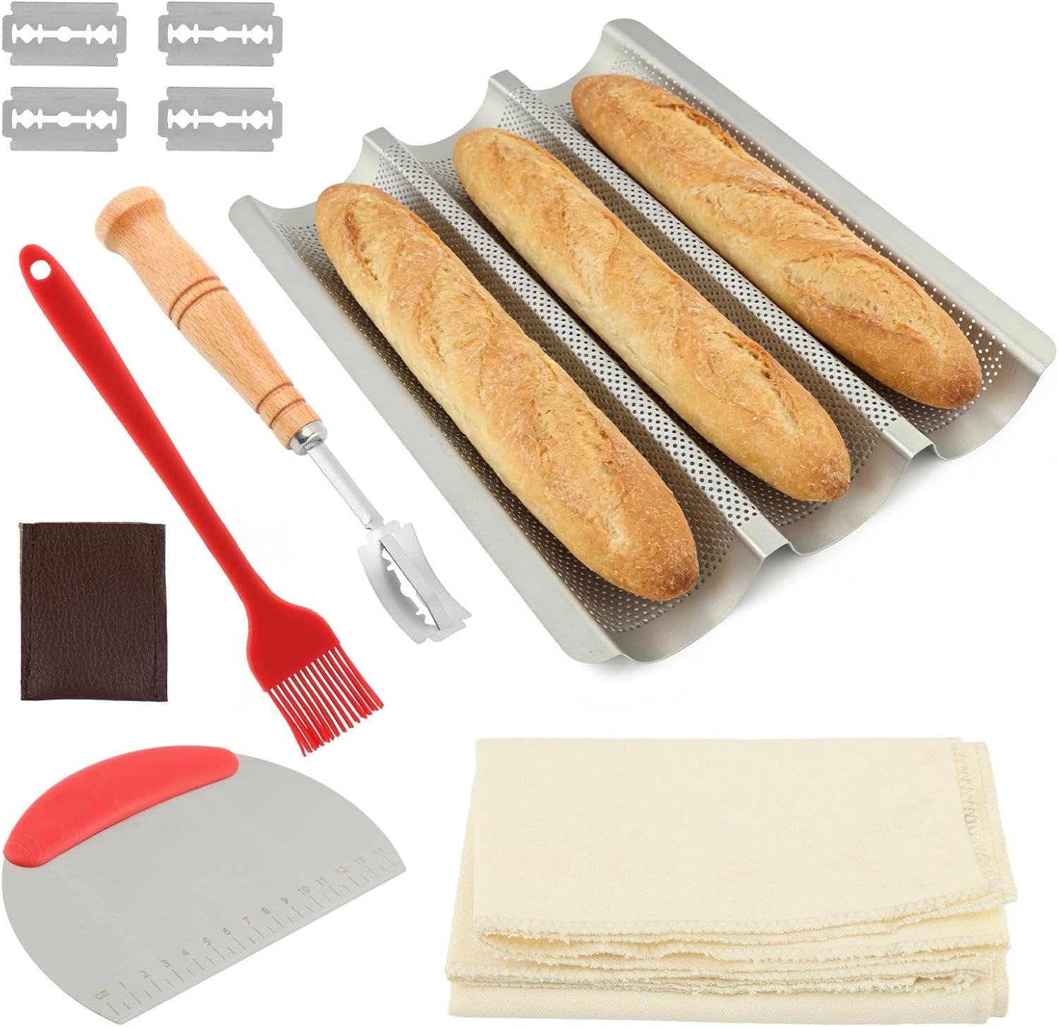 Baguette Bread Pan, Nonstick Baguette Pan for French Loaf Baking with Dough Scraper, Pastry Brush, Bread Lame, Replacement Blades, Banneton Cloth for Sourdough, Artisan Bake Baking