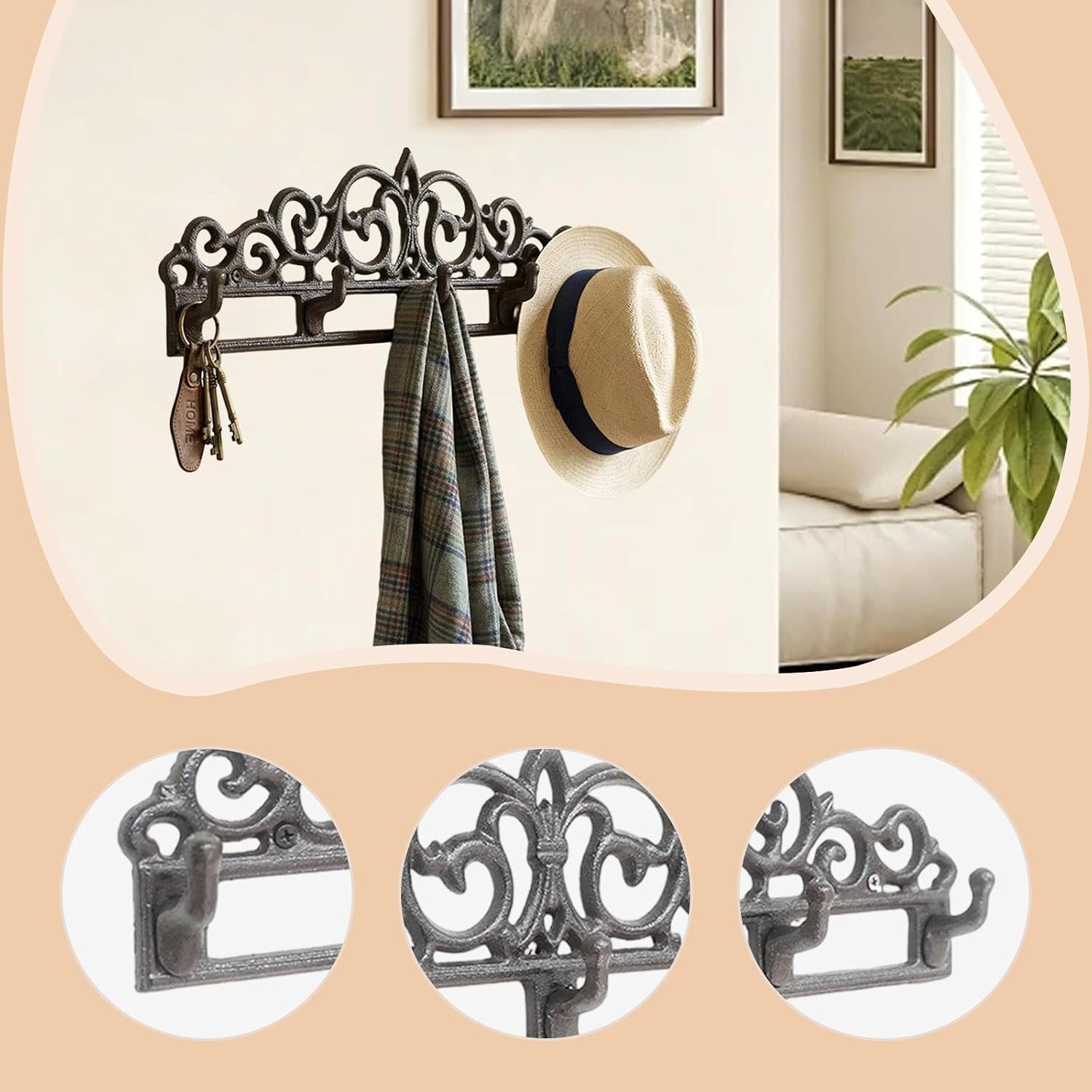 Cast Iron Decorative Hook Wall Hanger Multipurpose Retro Chic Coat Rack Towel Hanger for Farmhouse Door Country Home Balcony