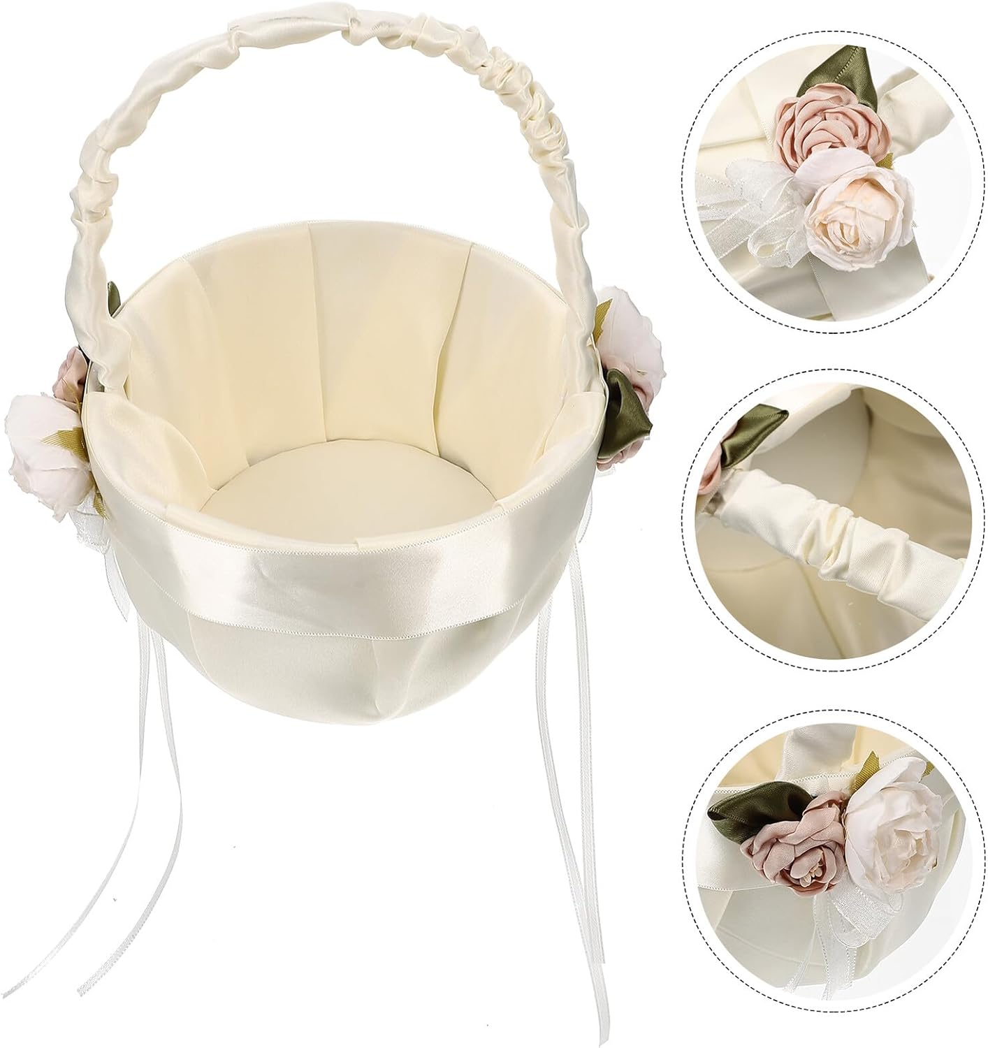 Mobestech Wedding Flower Girl Basket Satin Lace Bowknot Basket with Handle for Wedding Ceremony Party Supplies