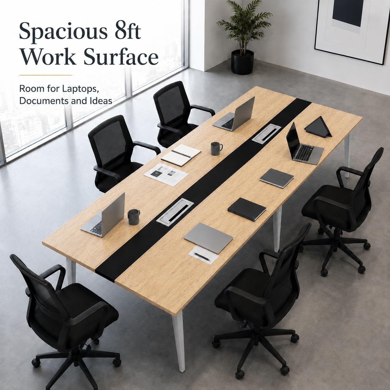 Mesa de Conferencias 8ft para 6-10 Personas, Mesa de Reuniones Grande con Pasacables, Escritorio Grande Rectangular con Estructura de Metal para Oficina y Sala de Ju Natural Wood + Black 240x120x74cm