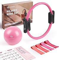 Vista 10 de LIONSCOOL Juego de Anillo de Pilates – Círculo Mágico Antideformación de 14 pulgadas con Asas Acolchadas, Mini Pelota, Bandas de Resistencia, Guía