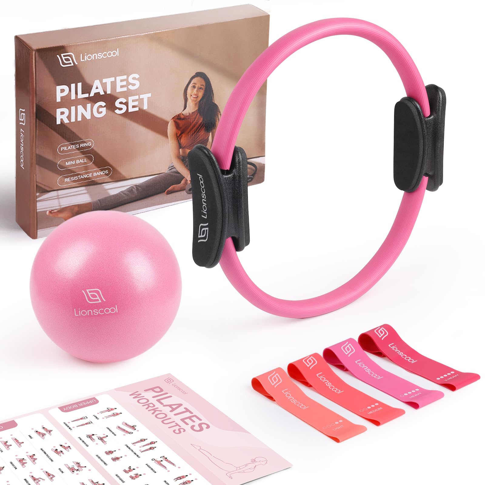 LIONSCOOL Pilates Ring Set - Premium14”Magic Circle with Dual Padded Handles - Includes Pilates Mini Ball & Highly Elastic Resistance Bands & Workout Guide & Bag