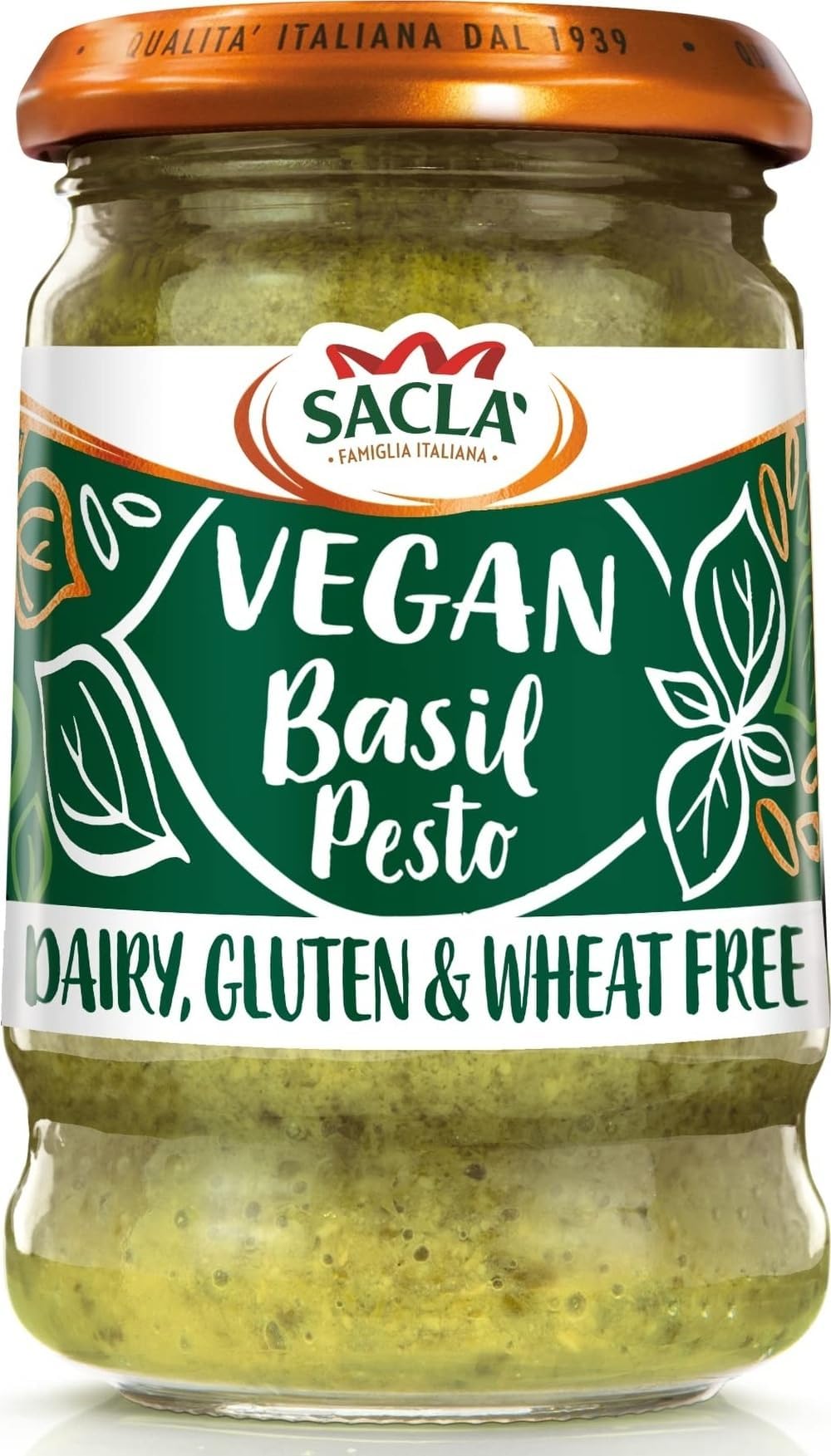 Italian Vegan Basil Pesto Sauce - Perfect with Pasta, Pizza, Garlic Bread and Tagliatelli - Made with Fresh Basil Leaves, Pine Nuts and Olive Oil 190g (Pack of 1)