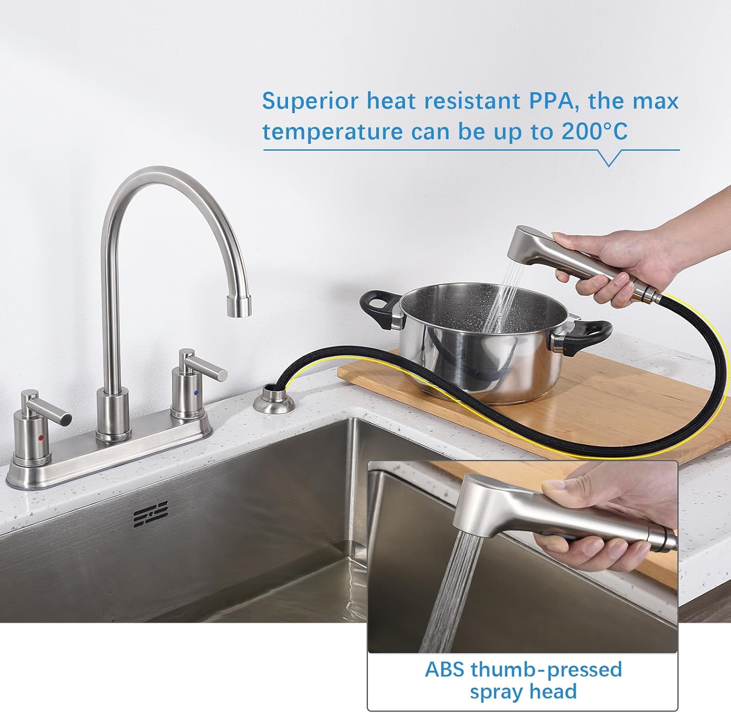 ARRISEA 2 Handle Kitchen Sink Faucet with Side Sprayer, Two Handle 4 Holes 8 Inch Centerset Kitchen faucets with 24 inch Pull-Out Side Sprayer, Brushed Nickel Stainless Steel High Arc Kitchen Tap