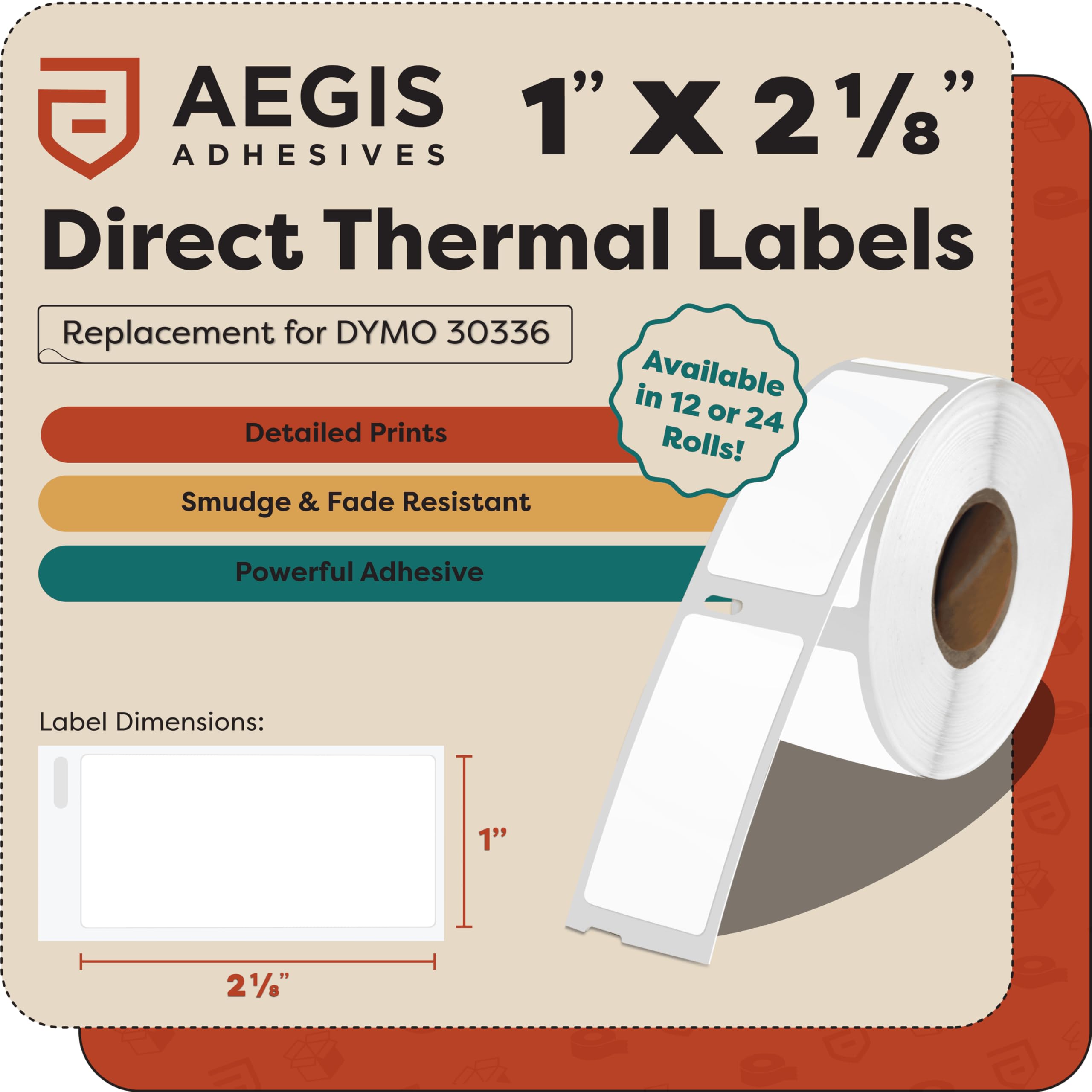 Aegis Adhesives - 1" X 2-1/8" Replacement for DYMO 30336 (12 Rolls/6000 Labels) Direct Thermal Address Barcode Labels - Compatible with LabelWriter 450, 450 Turbo, 4XL Printers (NOT 550, 5XL)