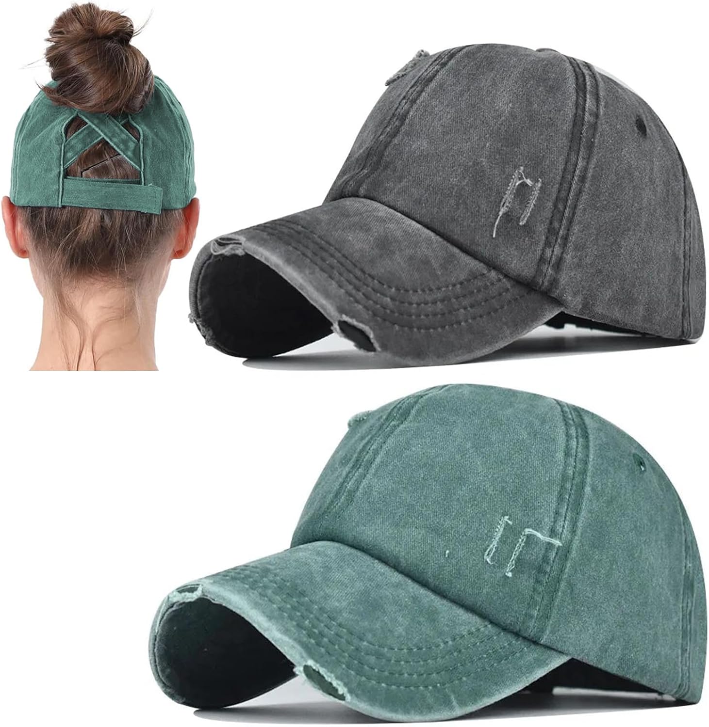 2 Packs Distressed Ponytail Hat for Women Criss Cross Hat Baseball Cap Pony Tail Caps High Bun