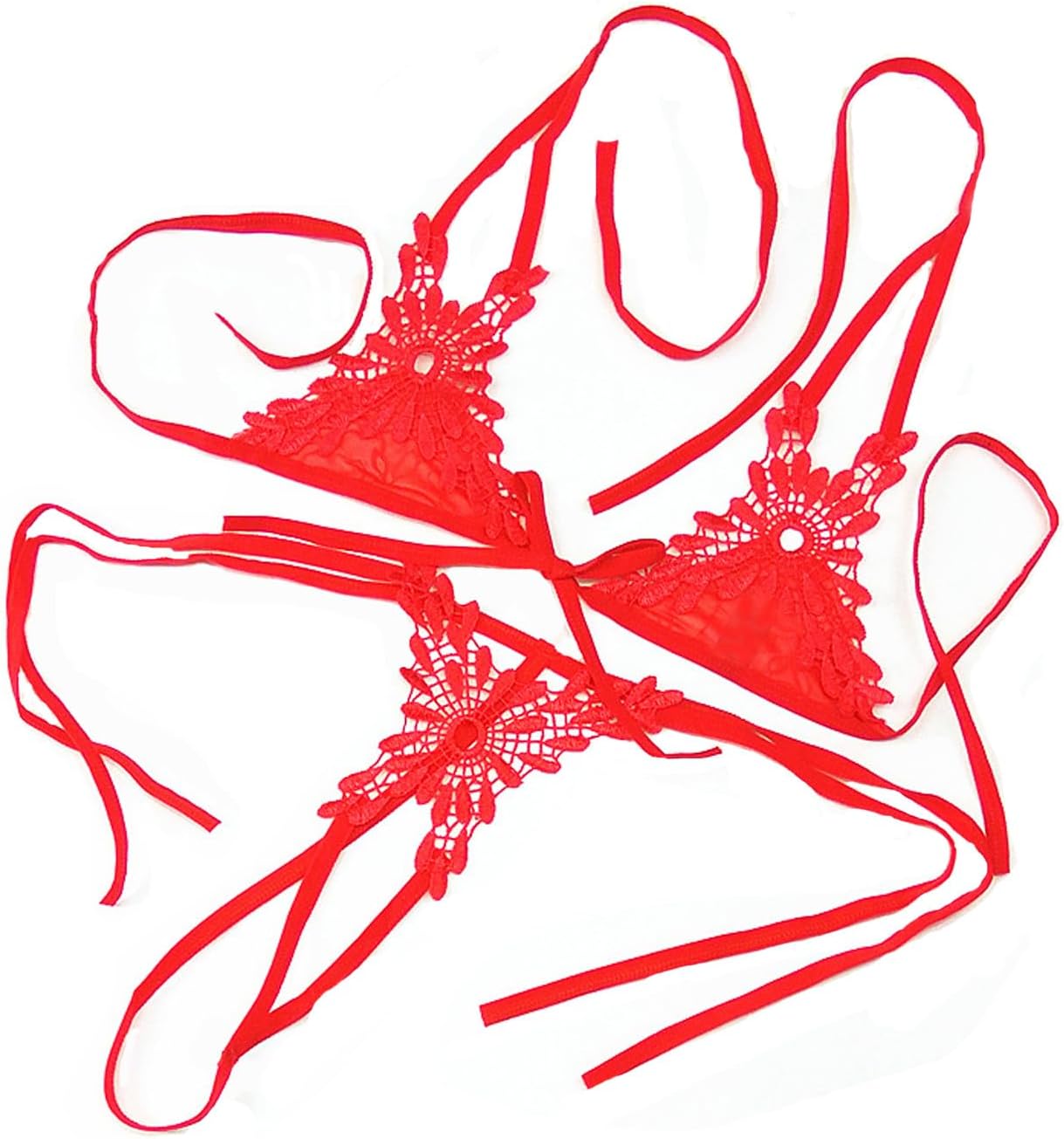 Lace Lingerie Self Tie Bra and Panty Set Sexy Micro Bikini Halter Small Top Strappy Tiny Thong Babydoll with Eye Mask