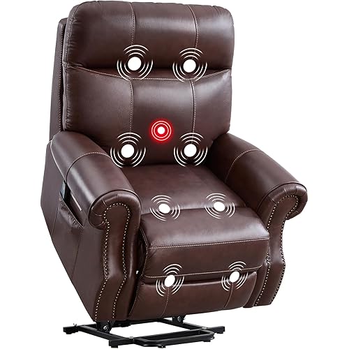Genuine Leather Power Lift Recliner Chair for Elderly with Massage and Heating, Electric Recliner for Seniors with Extended Footrest, Type-C and USB Port, Side Pocket (1, Brown)