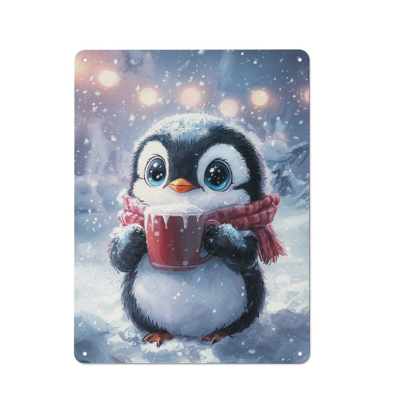 Junmoney Style For Lounge Or Reading Corner, Cute Penguin With Hot Cocoa Retro Tin Sign 40X30cm, Gift For Reading Corner Decorators During The Christmas Season