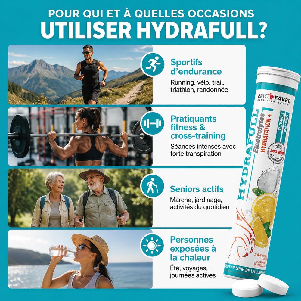 HYDRAFULL ELECTROLYTES - Hydratation et Reminéralisation Équilibrées, Sans Sucre, avec Vitamines et Minéraux Essentiels - 12 x 20 Comprimés - Saveur Citron - Eric Favre