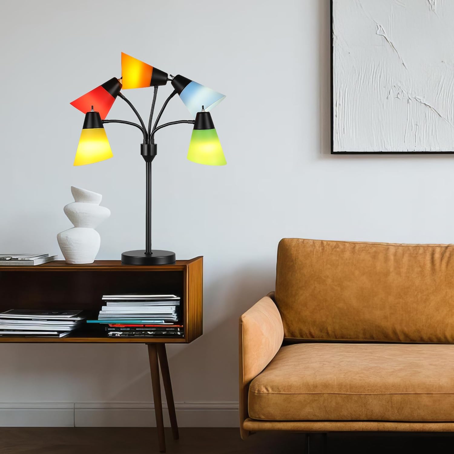 Hamucd Tree Table lamp, Multi Head Medusa 5 Light Adjustable Gooseneck Corner Lamp, Rustic Kids Bedside Reading Lamp with Fun Light Multicolored Shades for Bedroom, Living Room, Office, STR-DL-0027