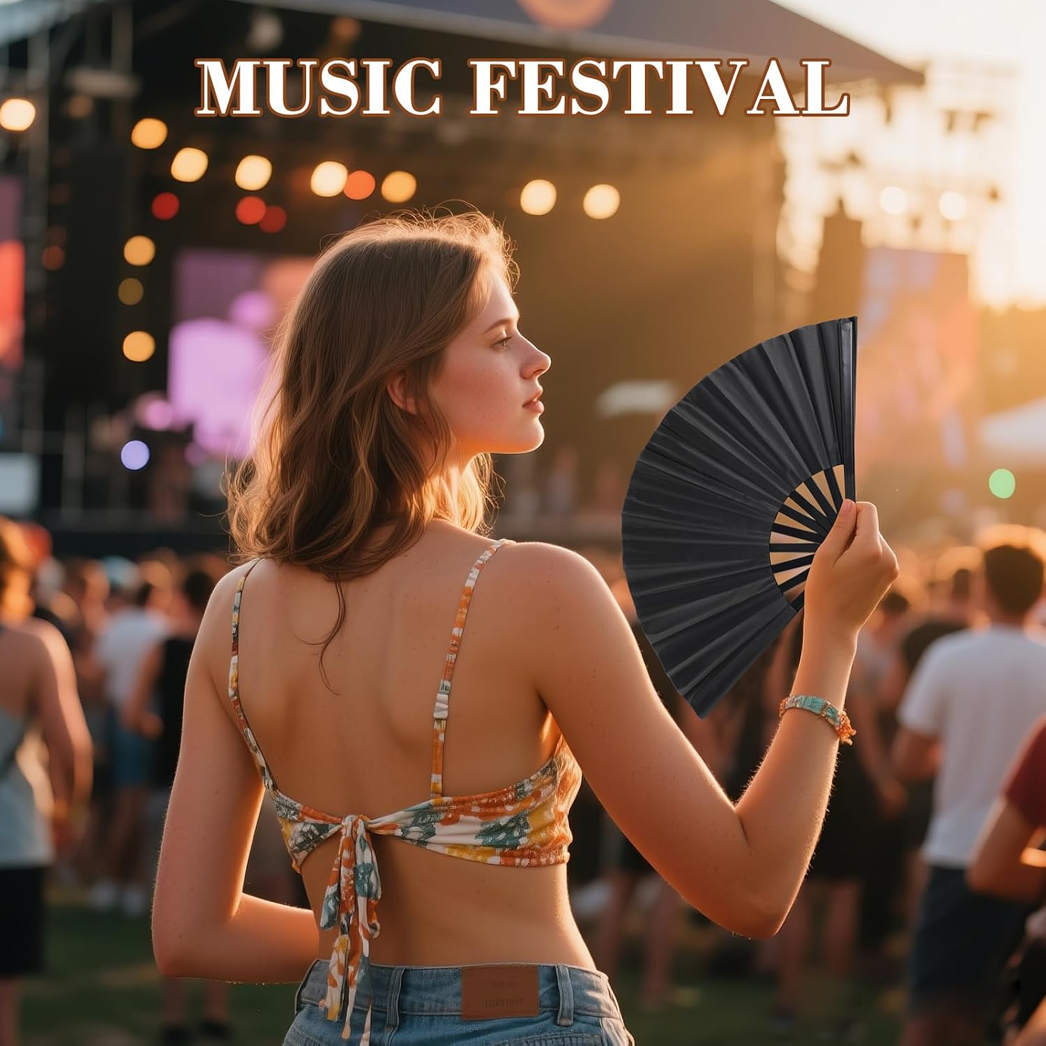 2025 Boots on The Ground Hand Fan for Line Dancing - Large Holographic Folding Fan Clap Fans Popping Sounds - Women's Hand Fan Foldable for Dancing (Black)