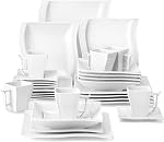 MALACASA Dinnerware Sets, 30-Piece Ivory White Plates and Bowls Sets for 6, Porcelain Dish Set with Dinner Plate, Dessert Plate, Soup Plate, Cup and Saucer, Modern Square Dishware Set, Series Flora