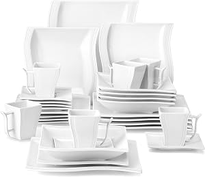 MALACASA Dinnerware Sets, 30-Piece Ivory White Plates and Bowls Sets for 6, Porcelain Dish Set with Dinner Plate, Dessert Plate, Soup Plate, Cup and Saucer, Modern Square Dishware Set, Series Flora