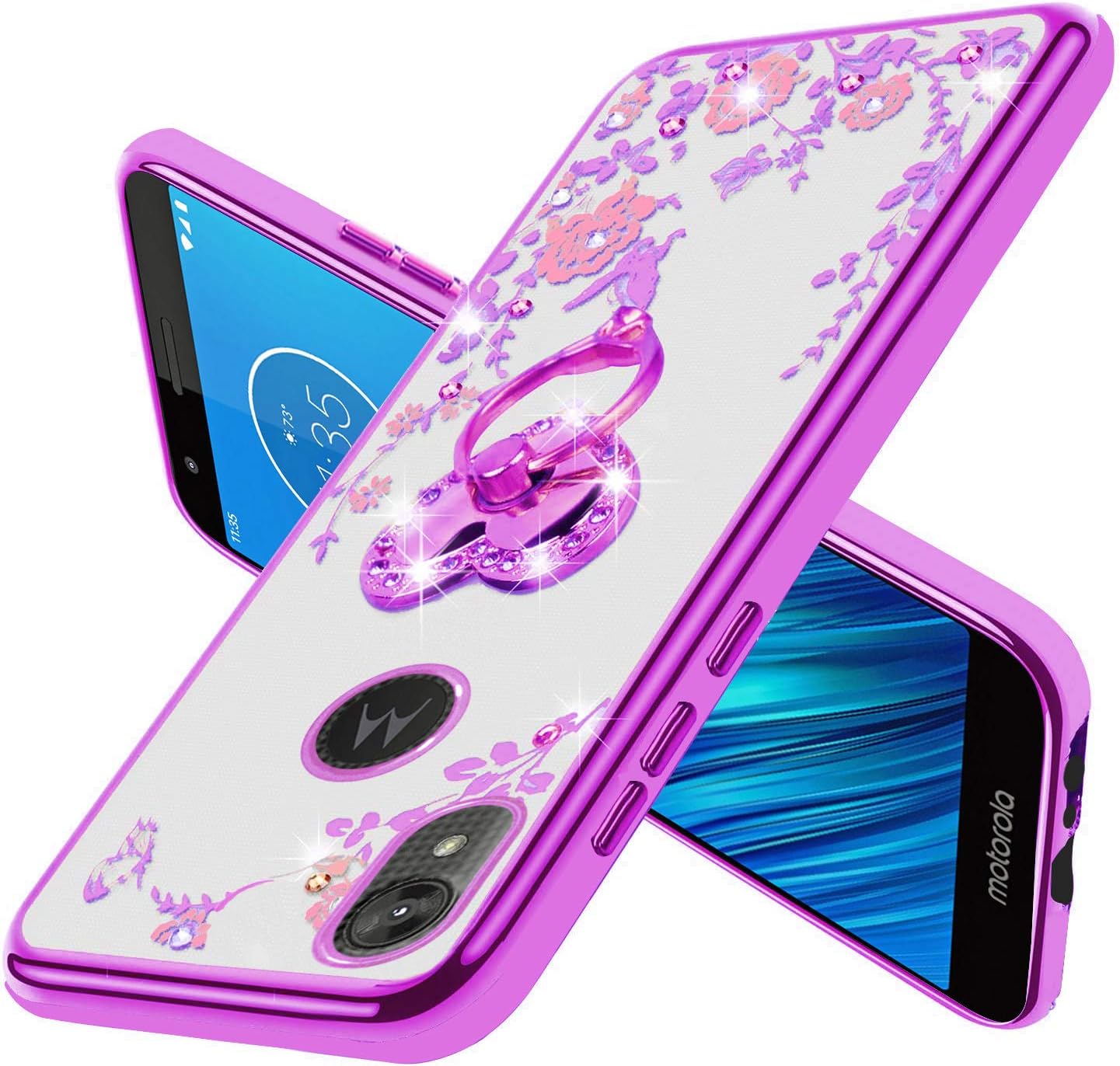 Moto E6 Case with Lanyard Neck Strap, Glitter Crystal Butterfly Heart Floral Series-Cute for Girls Women Soft TPU Protective Cover Clear Case with Ring Stand Holder for Motorola E6 - Purple