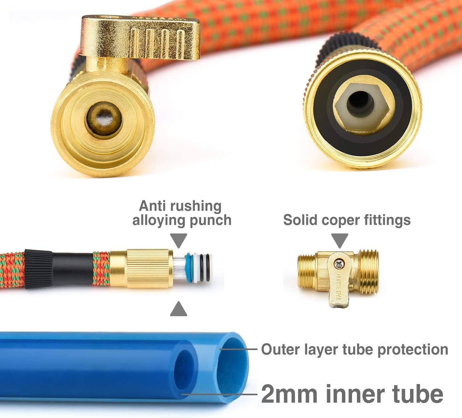 Delxo 75Ft Expandable Garden Hose Water Hose with 9-Function High-Pressure Spray Nozzle,Heavy Duty Flexible Hose, 3/4" Solid Brass Fittings Leakproof Design in Orange and Green