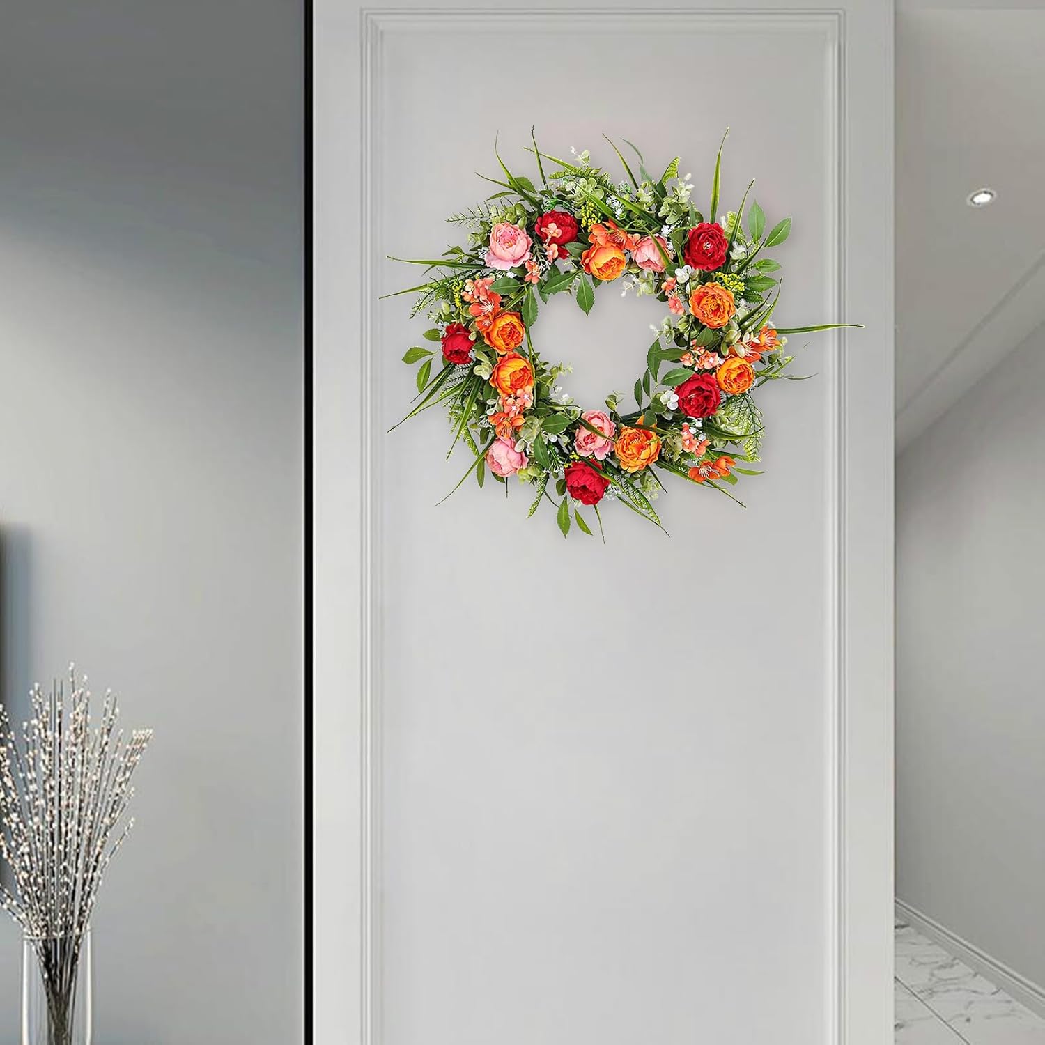 MINGZHE Peony Wreaths for Front Door Artificial Spring Summer Flower Door Wreath 17.7 Inch Spring Wreaths for Outdoor Wedding Wall Home Wreath Decor