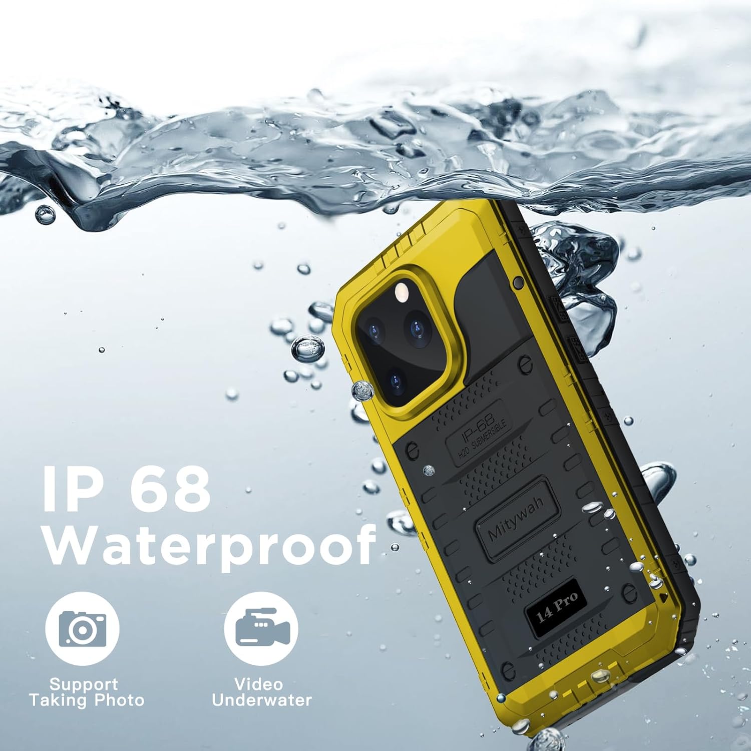 Mitywah Waterproof Case for iPhone 14 Pro, Heavy Duty Shockproof Case with Built-in Screen Protector, Full Body Underwater Protective Metal Case 6.1 inch, Yellow
