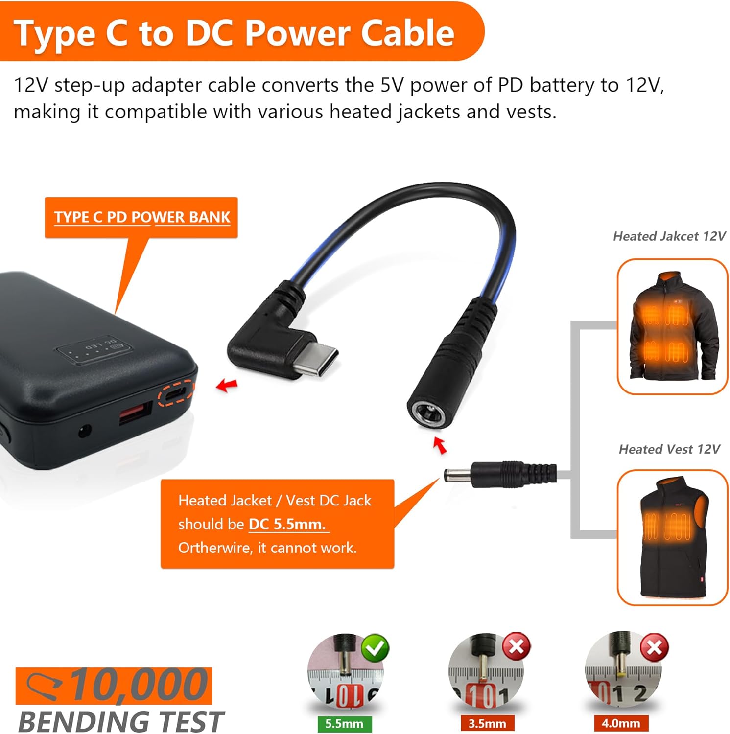 12V Heated Jacket Battery PD QC3.0 Power Bank with Step Up Adapter Charger Cable for Milwaukee, M12, Makita, Metabo, Snapon,Craftsman, AEG Heating Gear (12V Heated Jacket Battery Pack) - Image 4