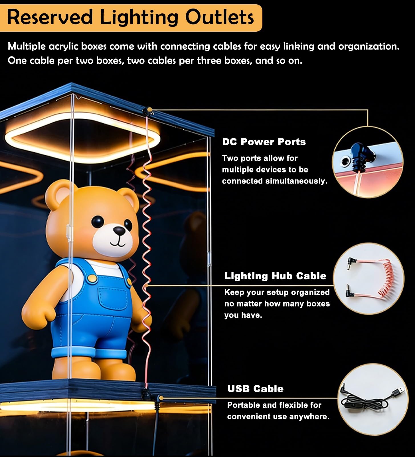 Custodia acrilica a LED nera 31x16x16in, vetrina trasparente con luce calda e base in legno robusto per oggetti da collezione, statuette, giocattoli, organizzatore di protezione della polvere di Diora