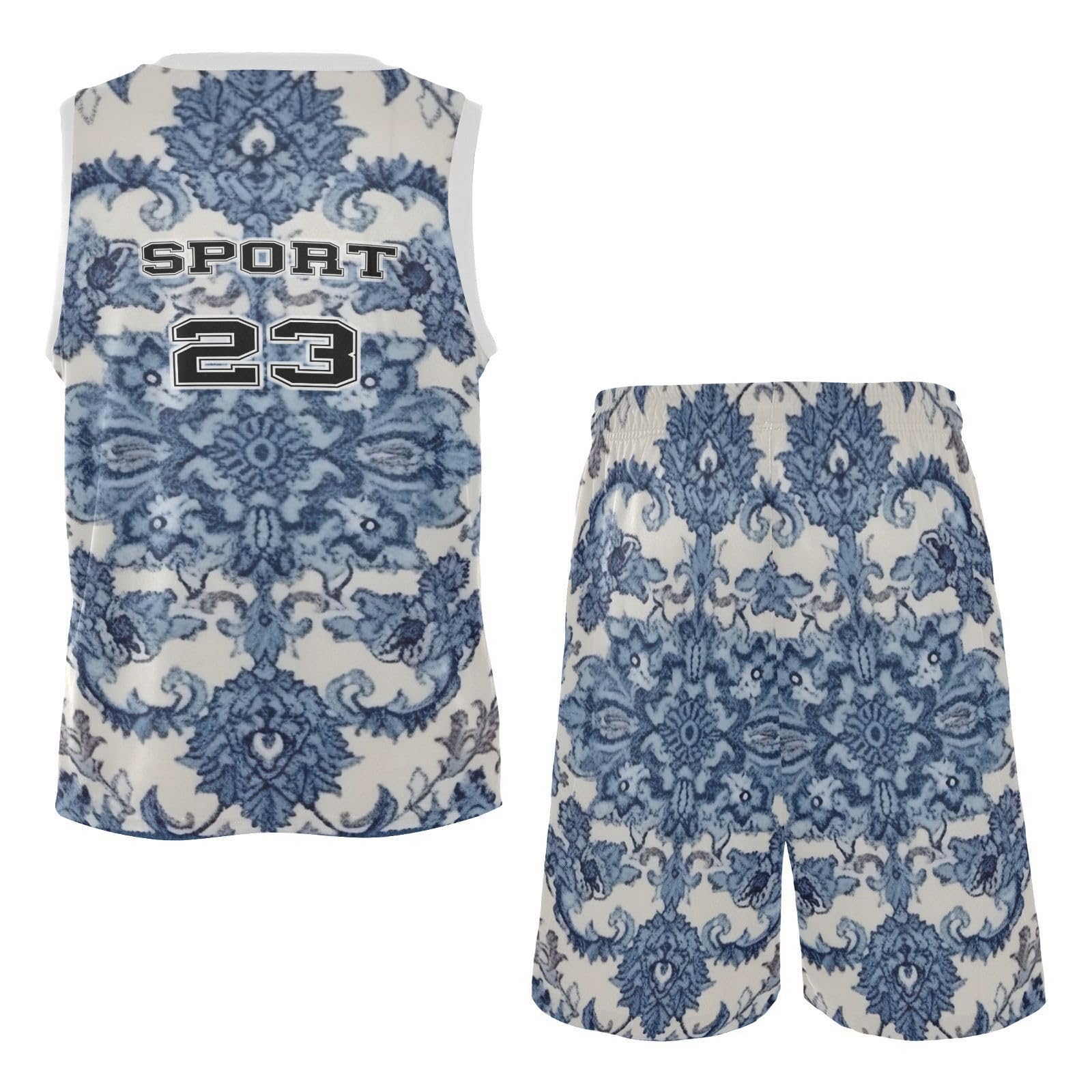 FLildon Bohemian Floral Blue Boys Basketball Jersey Set Tank Top Shorts Tracksuit Sport Training Suit for Kids, L