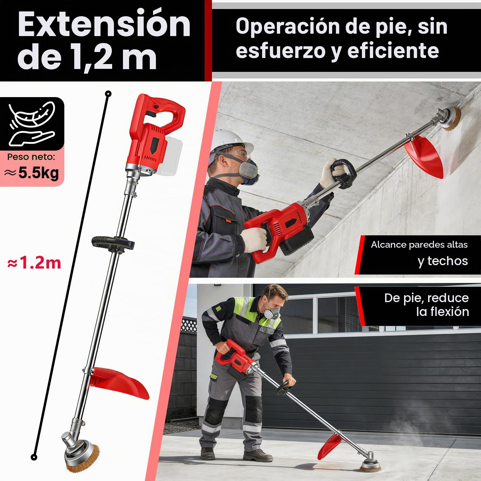 Amoladora de Hormigón Eléctrica de 1,2 M, Amoladora Batería Lijadora de Hormigón, Pulidora Suelos Eléctrica, Lijadora de Paredes y Techos con Cepillo, Compatible con Makita 21V (Sin Batería)