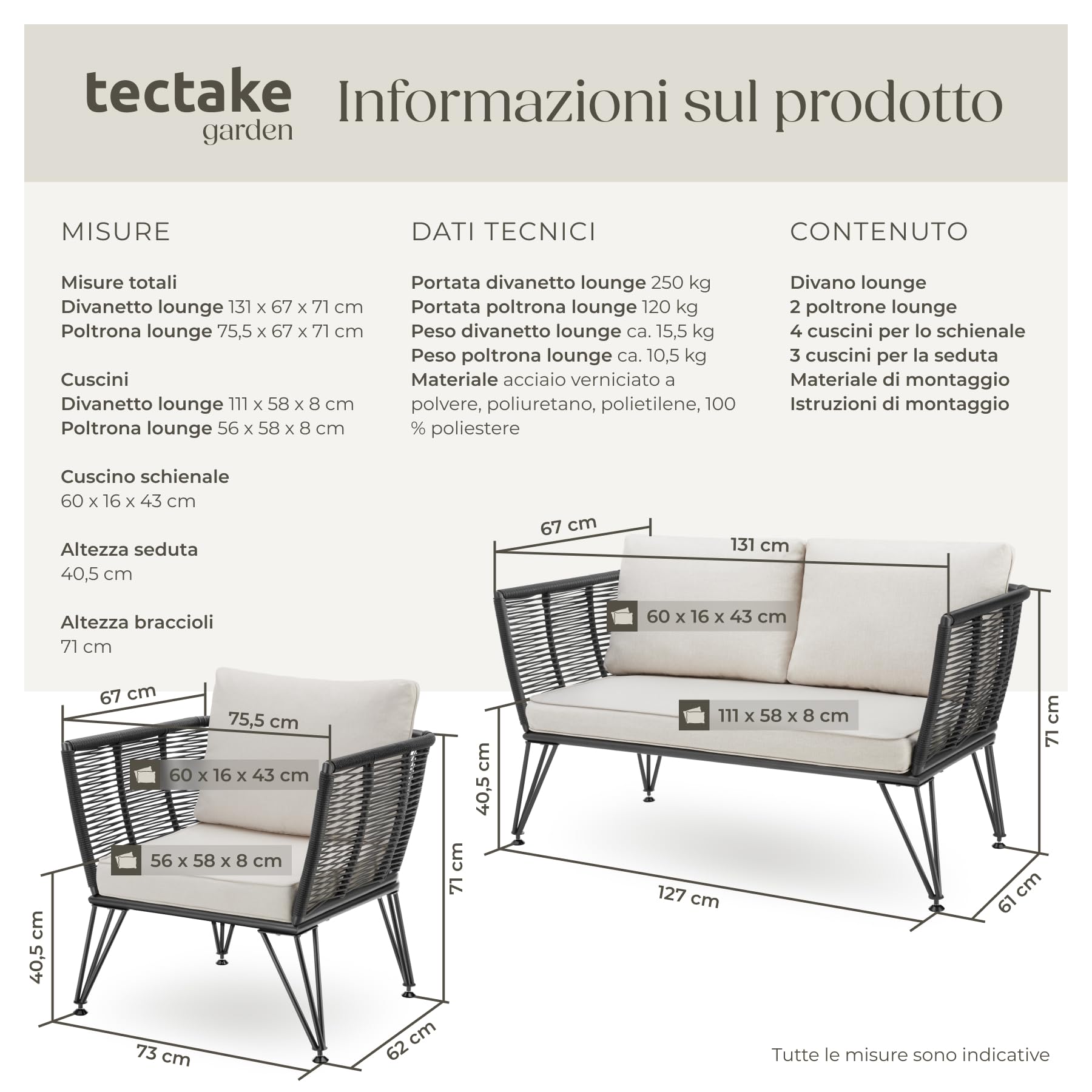 tectake® Set Lounge da Giardino, Polyrattan Resistente, Divano da Giardino e 2 Poltrone Design Elegante, Cuscini Extra Spessi, Ideale per Salotto da Esterno, Arredo Giardino Moderno - Antracite