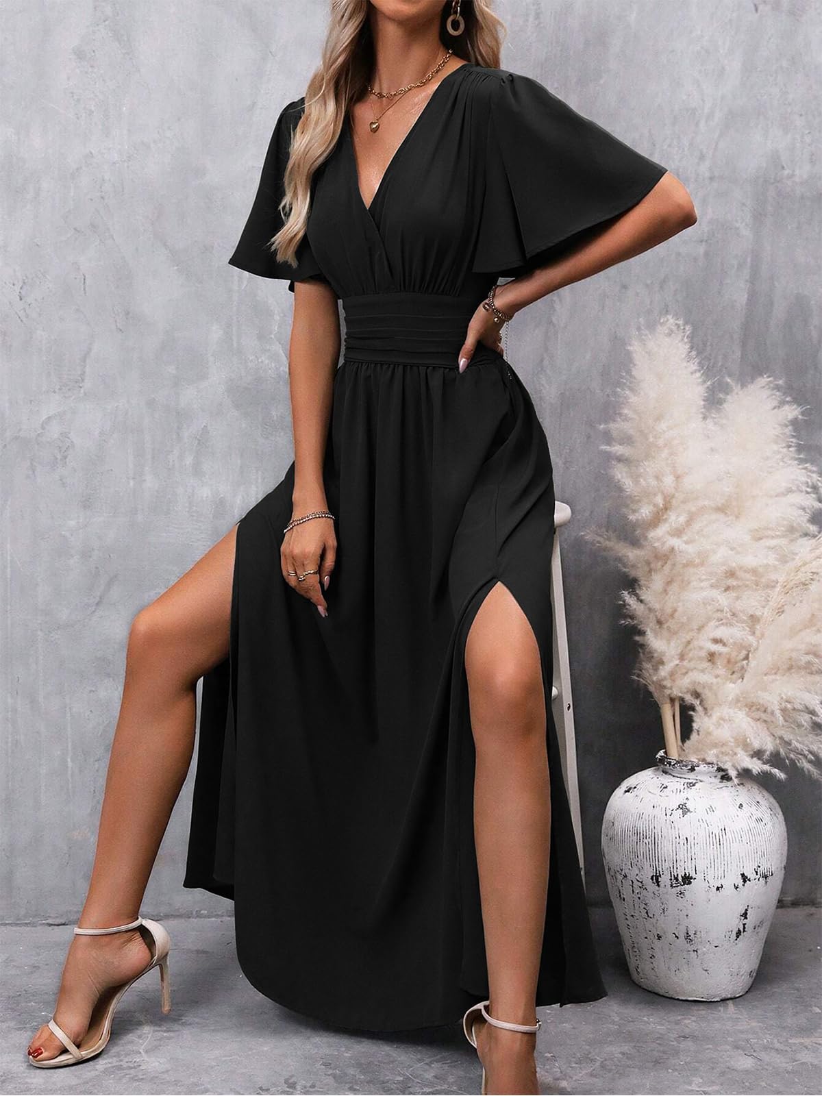 Femme Robe Elegante Col en V Taille Haute Robe Longue d'été Plissée Manches Papillon Fente Latérale Froncée Robes pour Soirée Mariage Fête