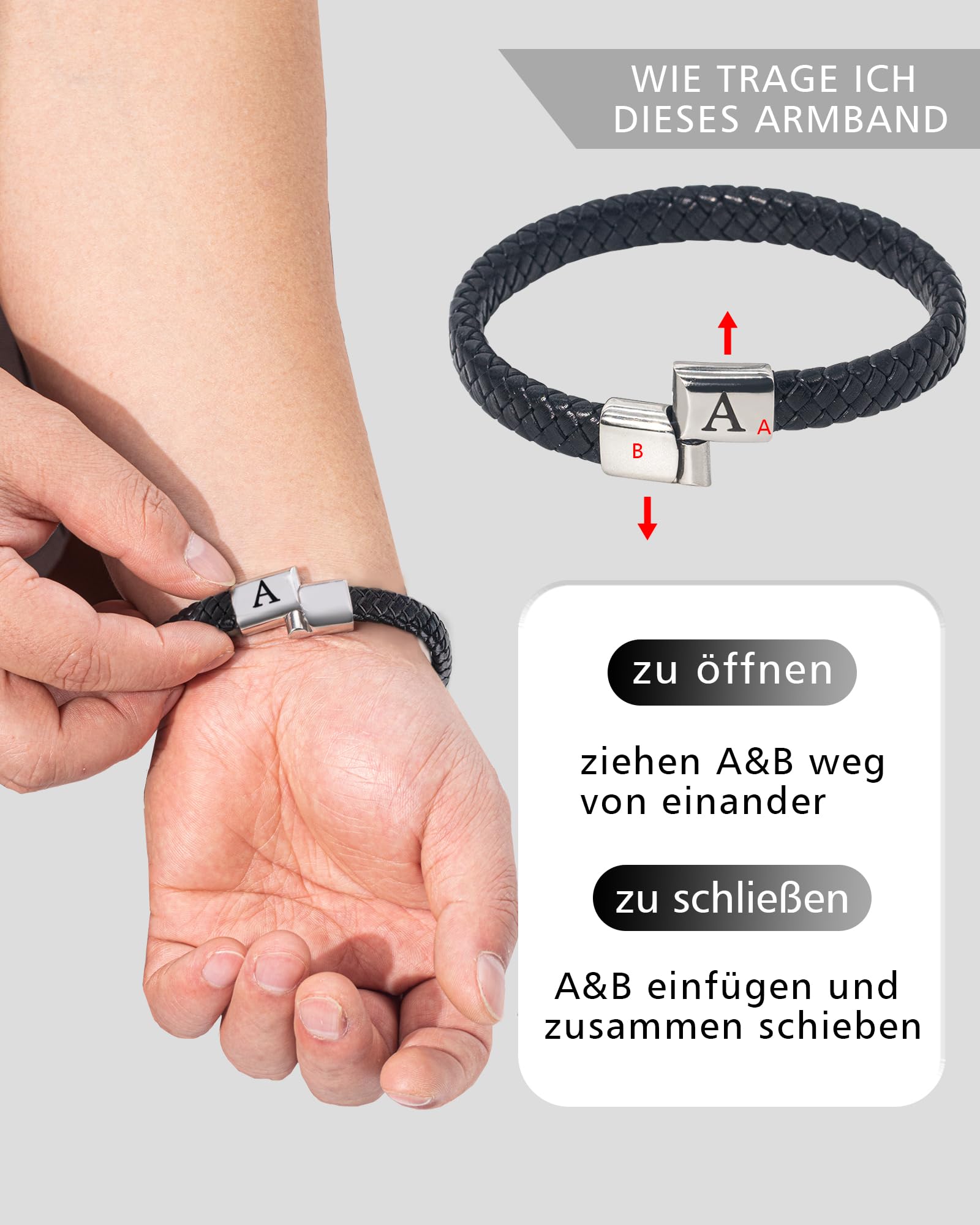 Lederarmband Herren Armband mit Buchstaben Gravur A-Z Buchstabe Armband Männer Schwarz Geflochten Leder Armbänder mit Magnetverschluss Vatertag Abitur Geburtstag Geschenke für Männer