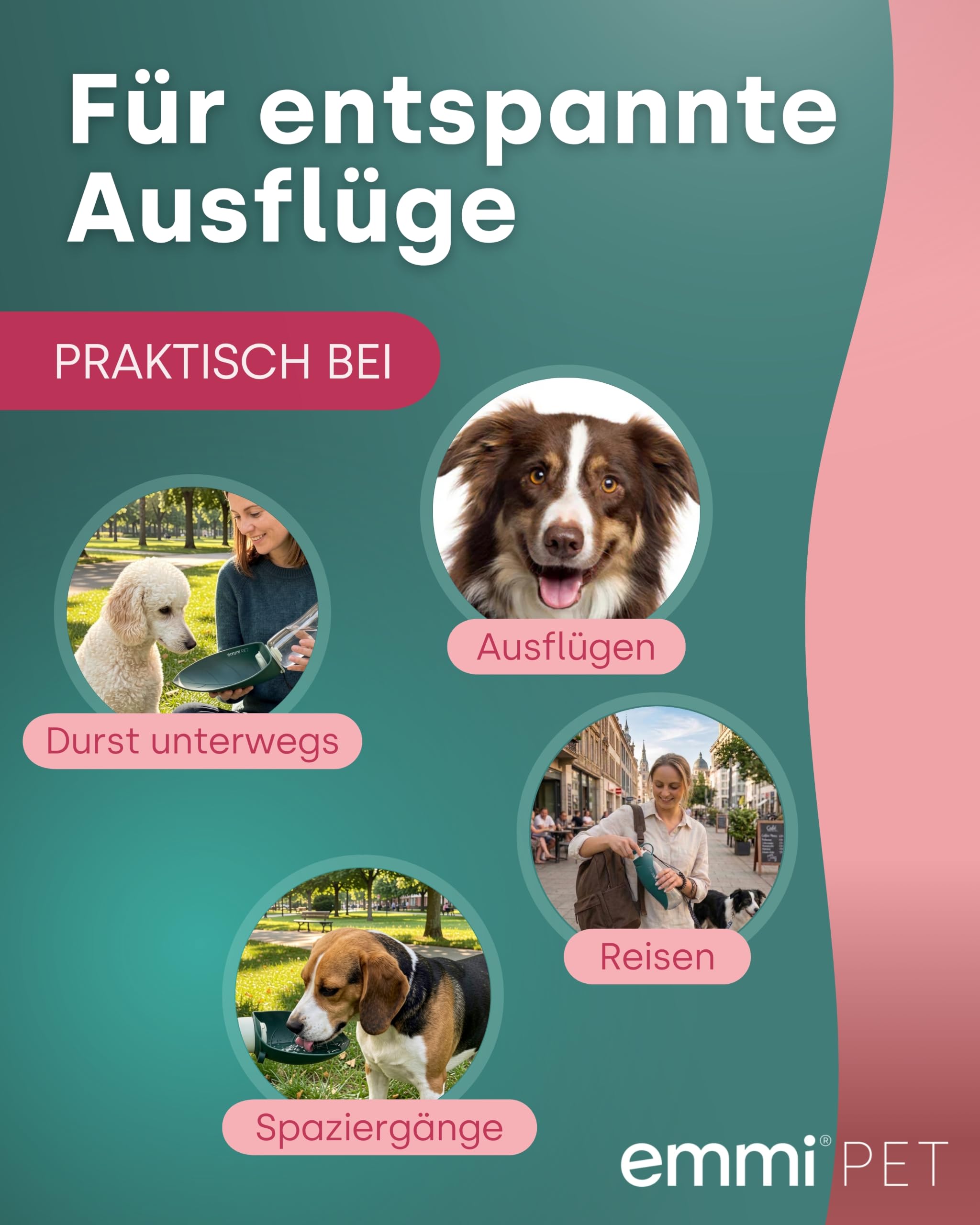 emmi-PET Hundetrinkflasche in Dunkelgrün I 580 ml I Auslaufsichere Trinkflasche mit integriertem Napf I Ideal für Spaziergänge, Reisen & Outdoor I Frisches Wasser to go für kleine & große Hunde