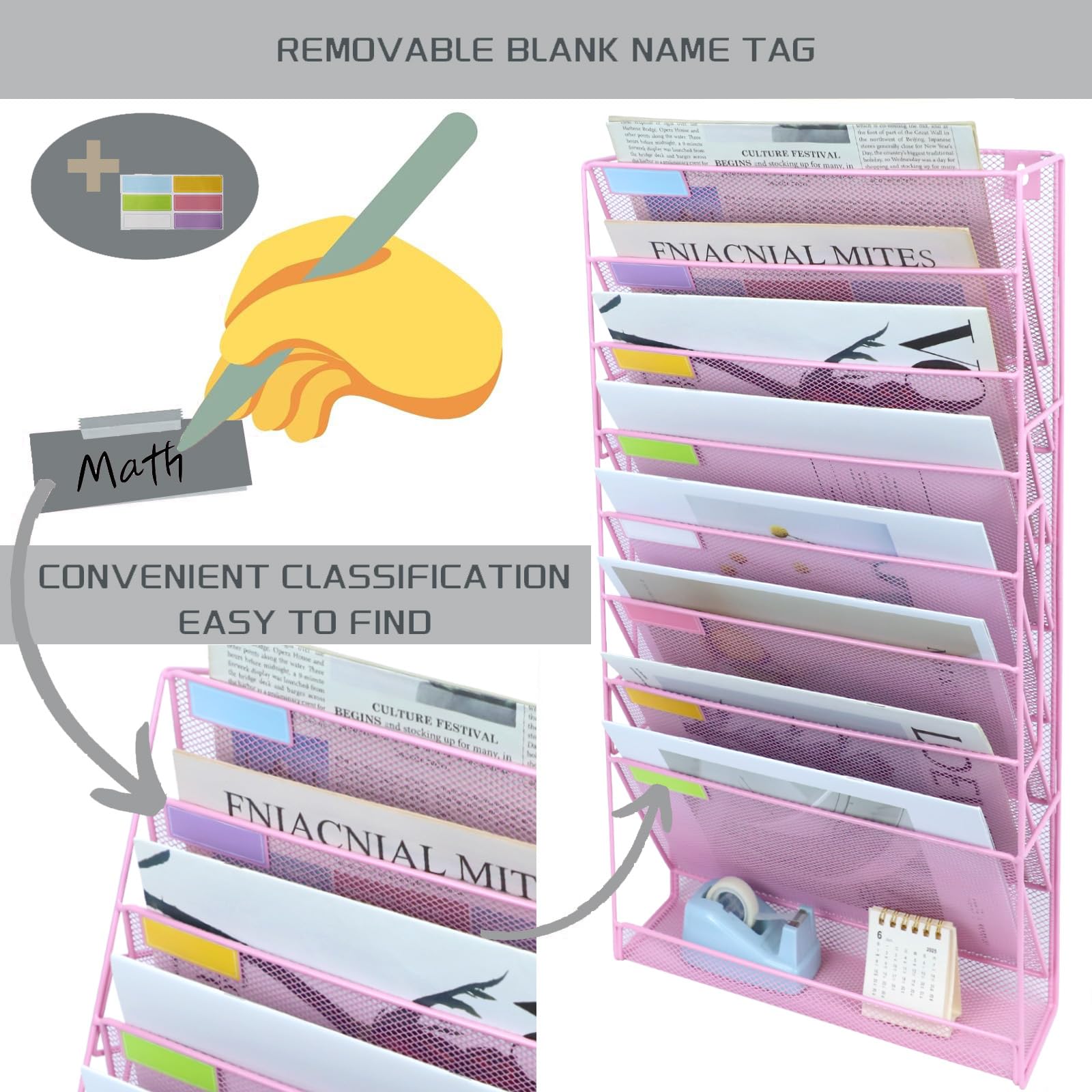 Bandeja de malla A4 de 9 niveles para colgar en la pared, soporte para archivos, revistas, documentos, organizador de correo, estante de almacenamiento de revistas, malla de metal duradera