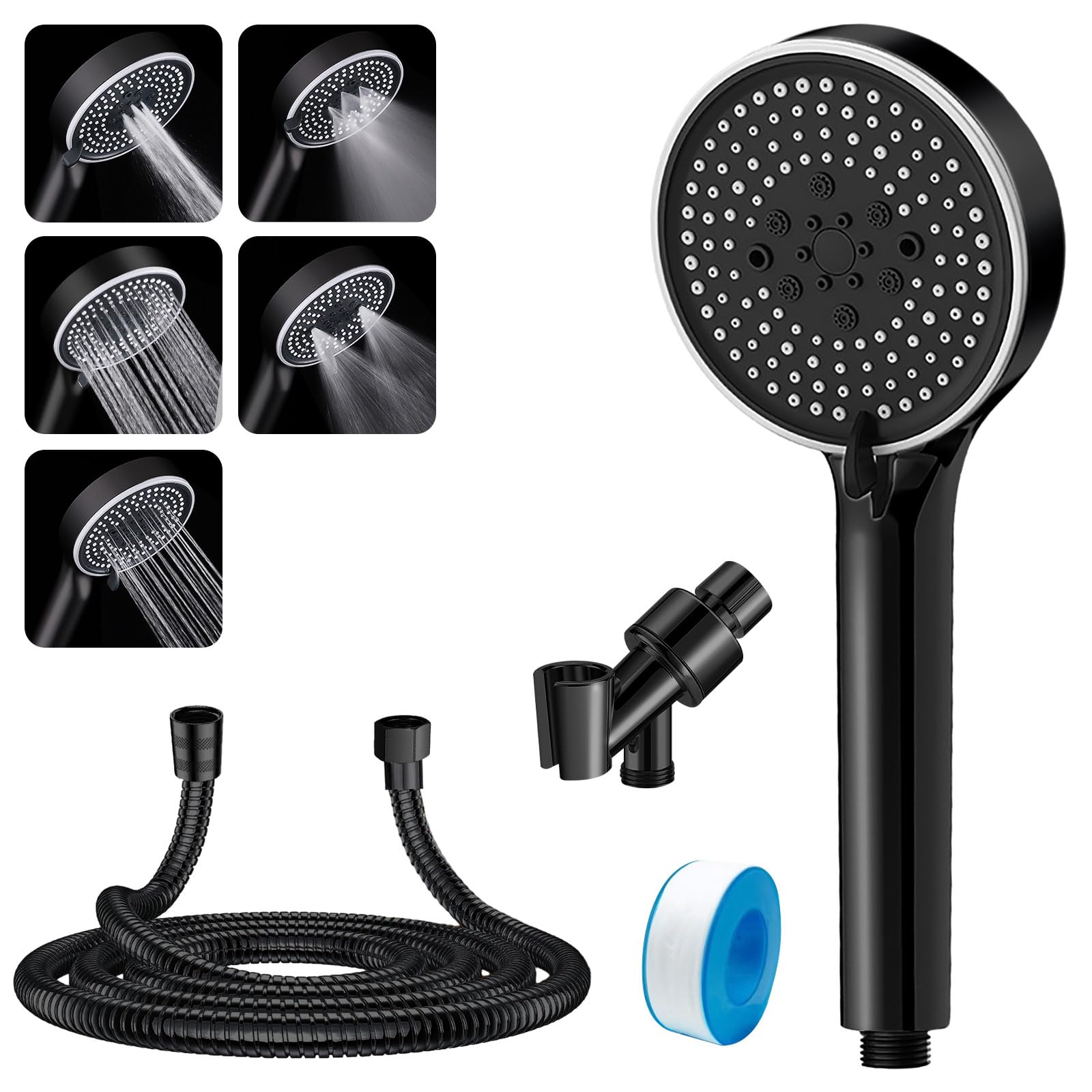 Homarket Shower Head with Handheld, High Pressure 5 Spray Modes Showerhead with Stainless Steel Hose, Adjustable Bracket & PTFE Tape, Water Saving Spa Shower Head for Tubs Tiles Pets Cleaning
