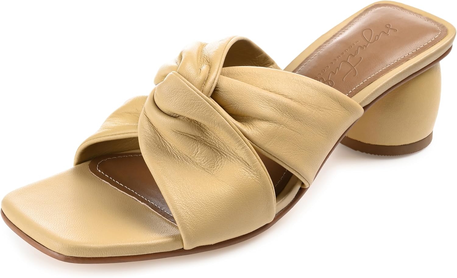 Journee Collection Signature Women's Genuine Leather Charlize Slip On Block Heel Sandals - Tan - Size: 8.5