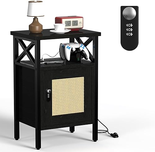 Mesita de noche de ratán con cerradura, mesa auxiliar con puerta y estante abierto, moderna mesita de noche de madera para dormitorio, sala de disponible en Yaxa Mexico