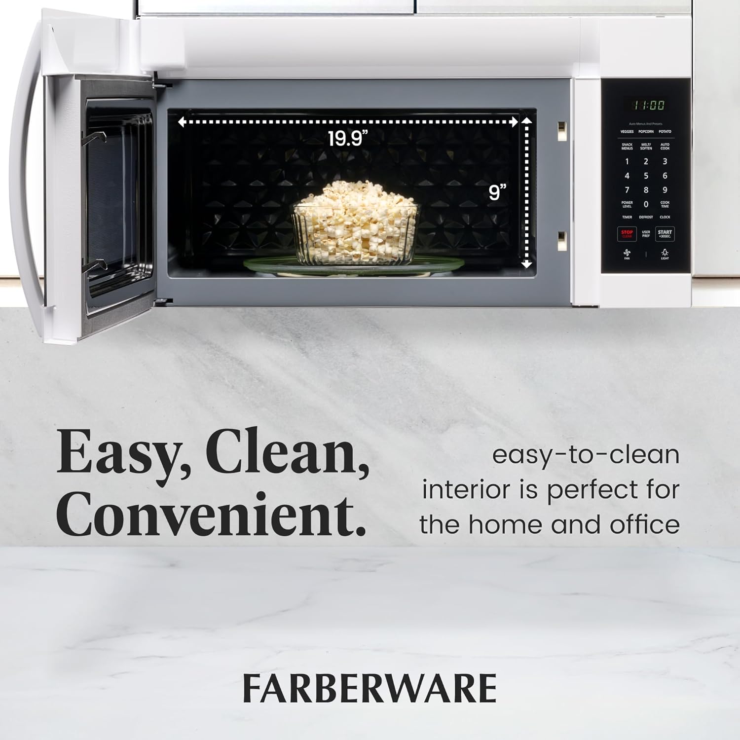 Farberware Over-the-Range Microwave Oven, 1.7 Cu. Ft. - 1000W - Auto Reheat, Multi-Stage Cooking, Melt/Soften Feature, Child Safety Lock, LED Display - Space Efficient & Powerful - White