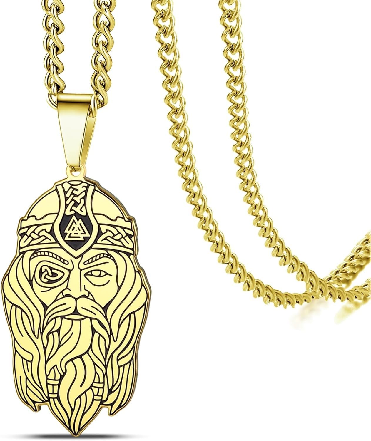 Wuufake Mens Womens Norse Odin Necklace Stainless Steel God Odin Head Pendant with Valknut & Celtic Knot Nordic Viking Mythology Good Luck Amulet Jewelry Gift, Gold 2