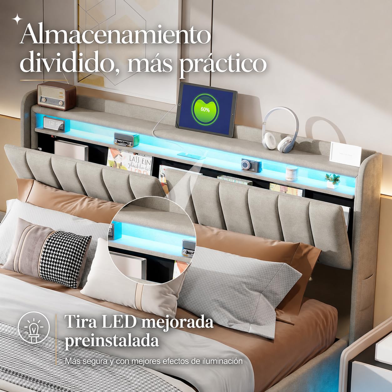 Cama Matrimonio Cama 140x200 cm con USB y Iluminación LED, Camas matrimoniales con Almacenamiento Hidráulico, Cama tapizada con Somier de Láminas (Gris-a, 140x200 cm)