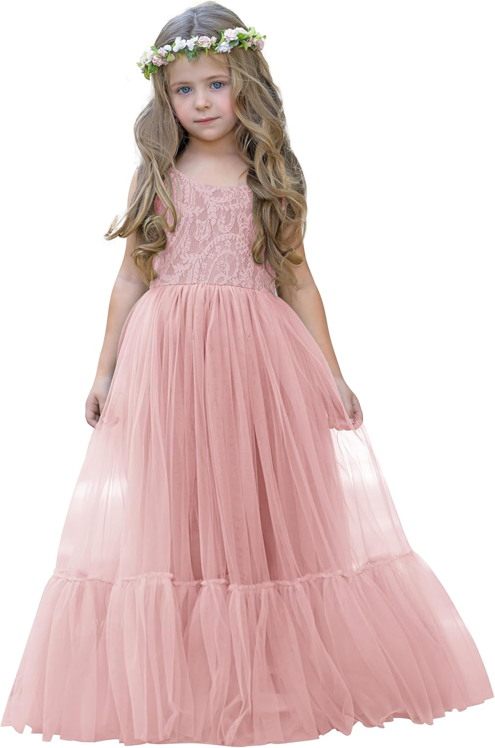 Flower Girl Dress Lace/Tulle Boho Toddler Dresses Ruffle Girl Dress for Wedding Garden Party Communion Beach