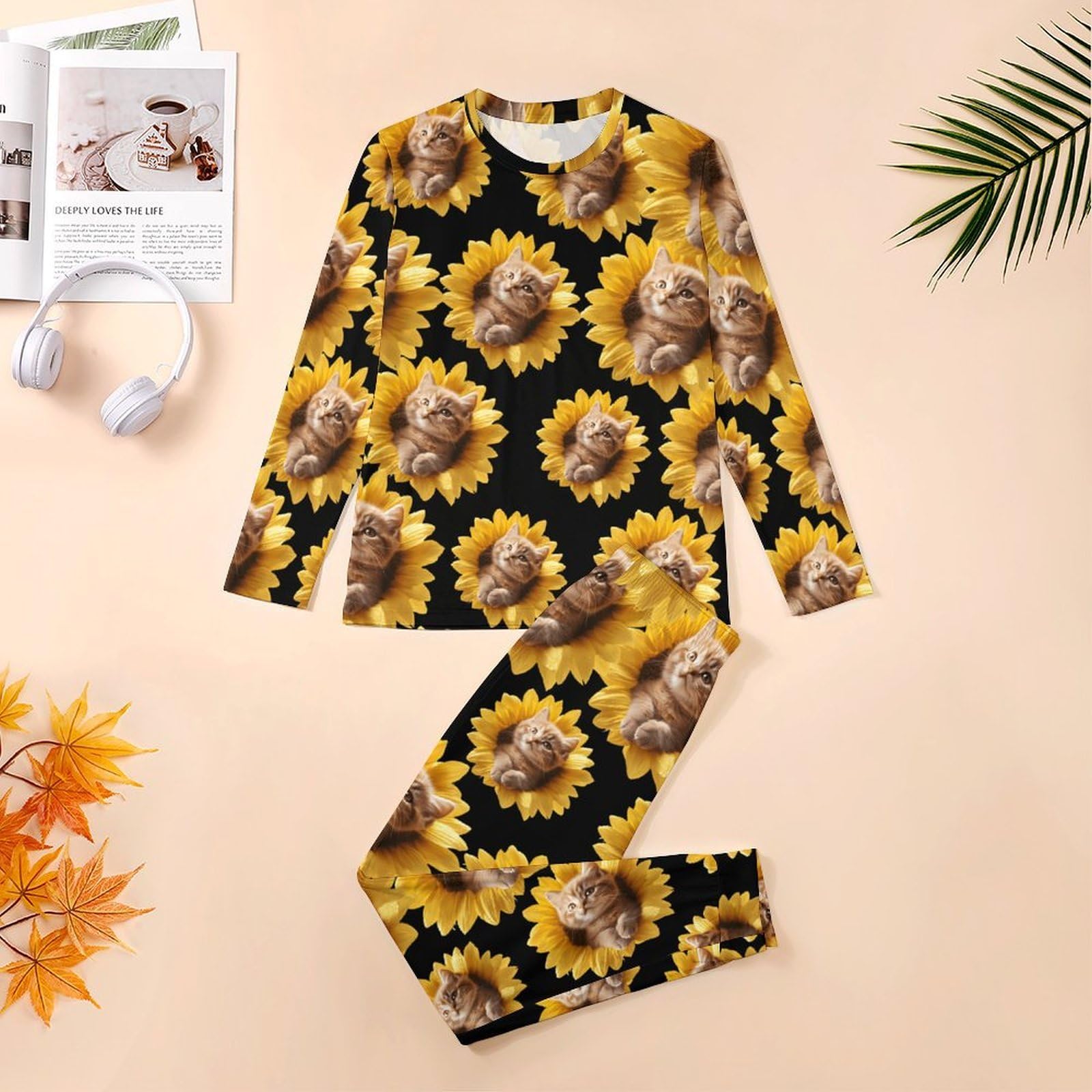 Conjunto de pijama de girasol para hombre, cuello redondo, 2 piezas, manga larga, suave, transpirable para todas las estaciones