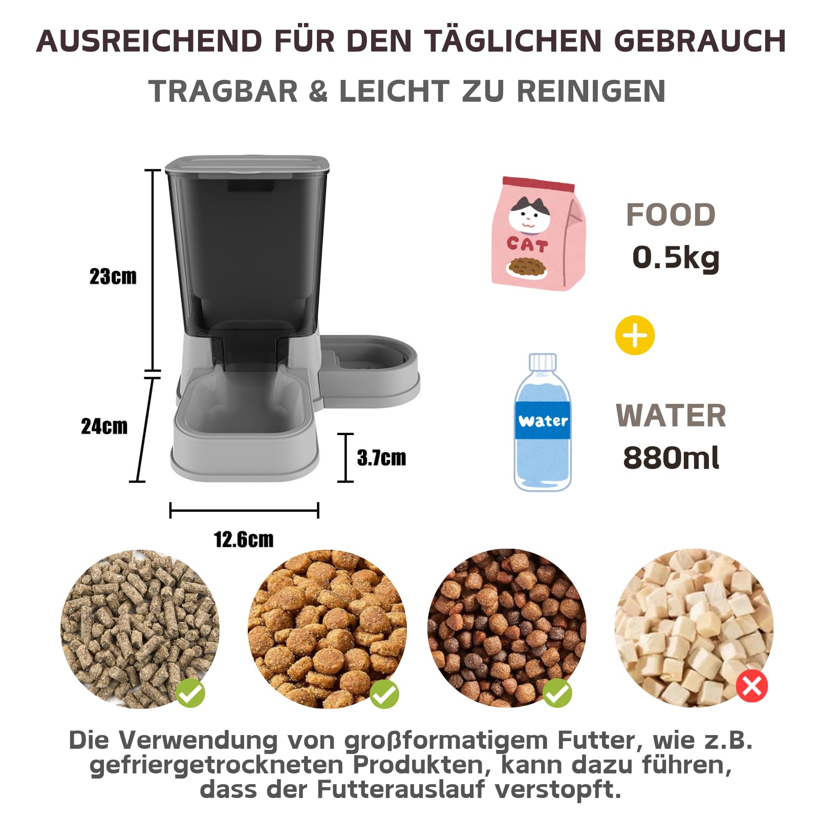 Automatischer Katzenfutterspender, 2-in-1 Abnehmbarer Schwerkraft-Futter- und Wasserspender für Katzen und kleine Hunde (Grau)