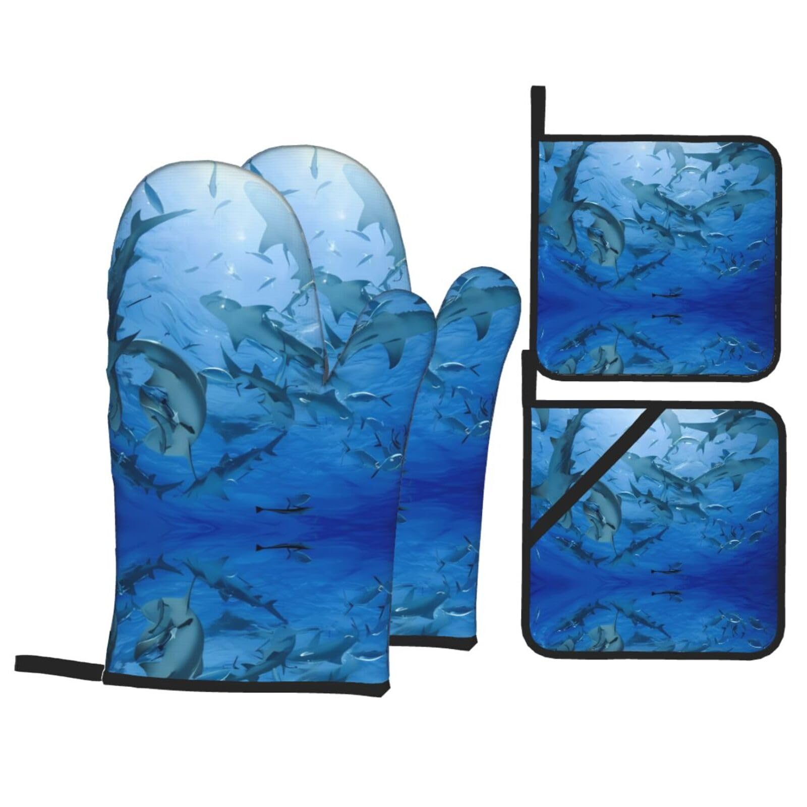 WHJSHOP Ocean Animal Shark Prints Oven Mitts & Pot Holders Set - Waterproof Kitchen Layers & Heat Resistant - Durable Covers for Safe Cooking & Easy Cleanup