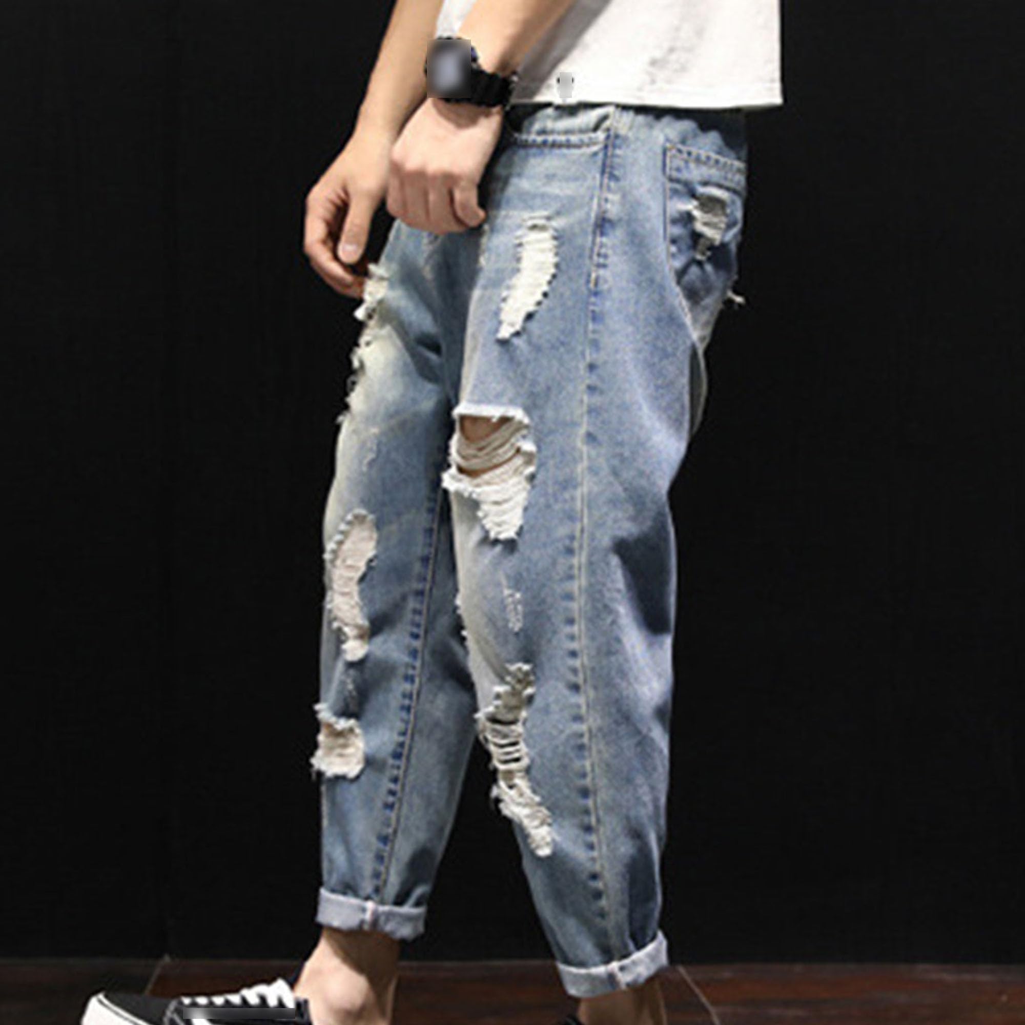 Jeans da uomo strappati slim gamba affusolata casual skinny in cotone invecchiato pantaloni alla moda per gli uomini
