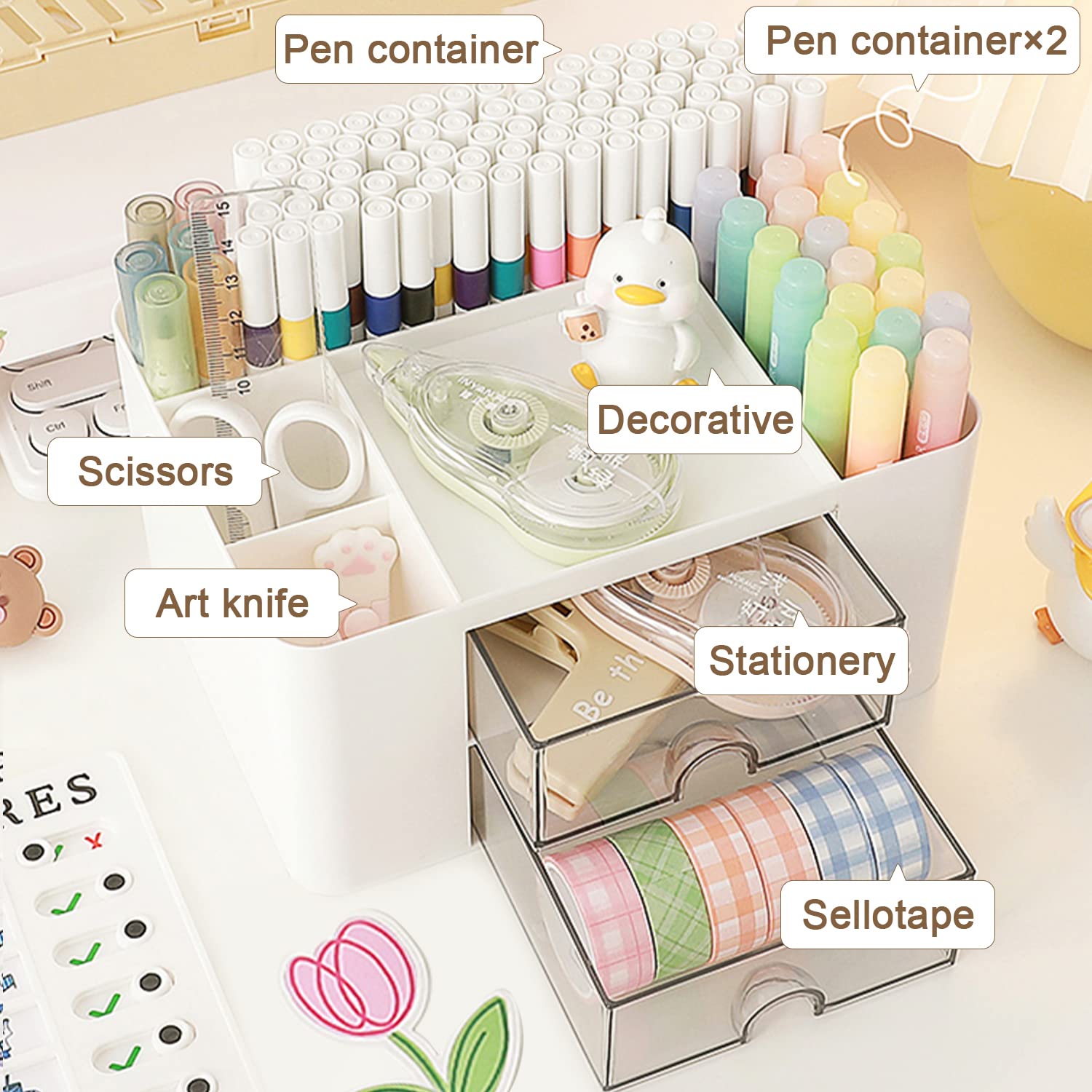 Organisateur De Bureau En Bois Et Plastique – 4 Compartiments Amovibles Pour Rangement Stylos, Papeterie, Petits Objets - 14