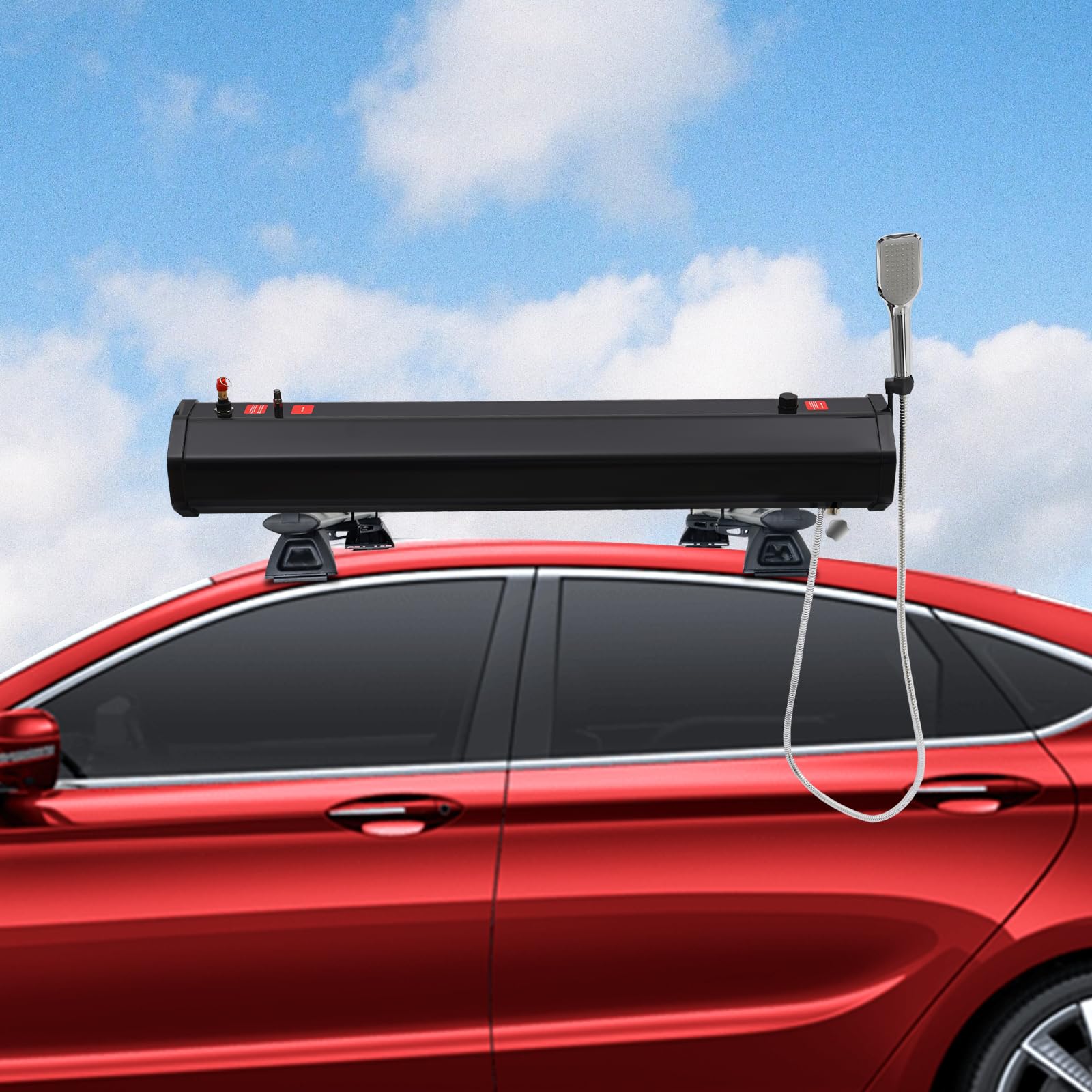 7.93 Gallon Pressurized Water Tank For Camping Shower, Portable Roof Rack Shower for Camping, Road Shower with A Large Water Tank, A Shower and 5.58 Foot Hose, Sun's Rays to Heat, Storage Bag