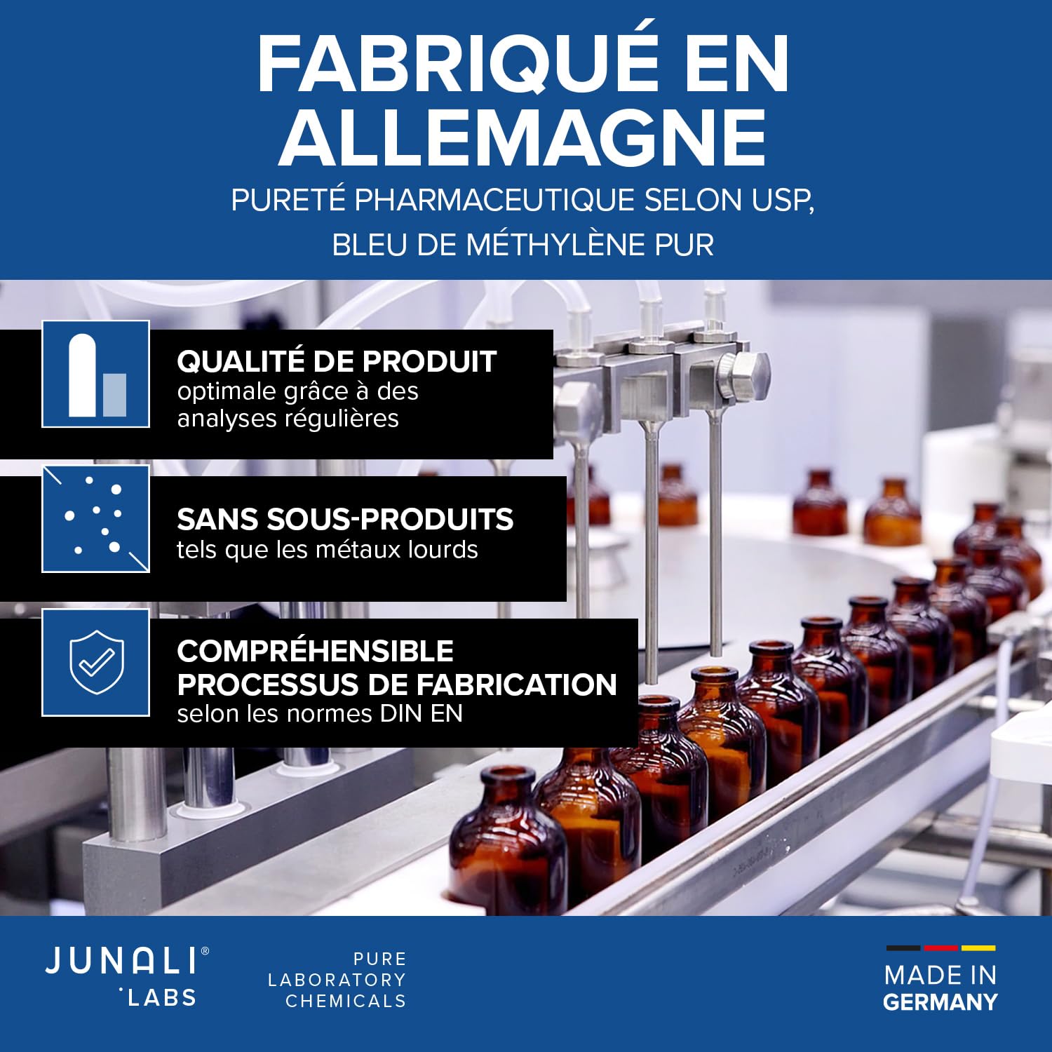 Bleu de méthylène 1% USP de qualité pharmaceutique, 2x 100 ml, sans métaux lourds, qualité testée en laboratoire – Fabriqué en Allemagne par JUNALI