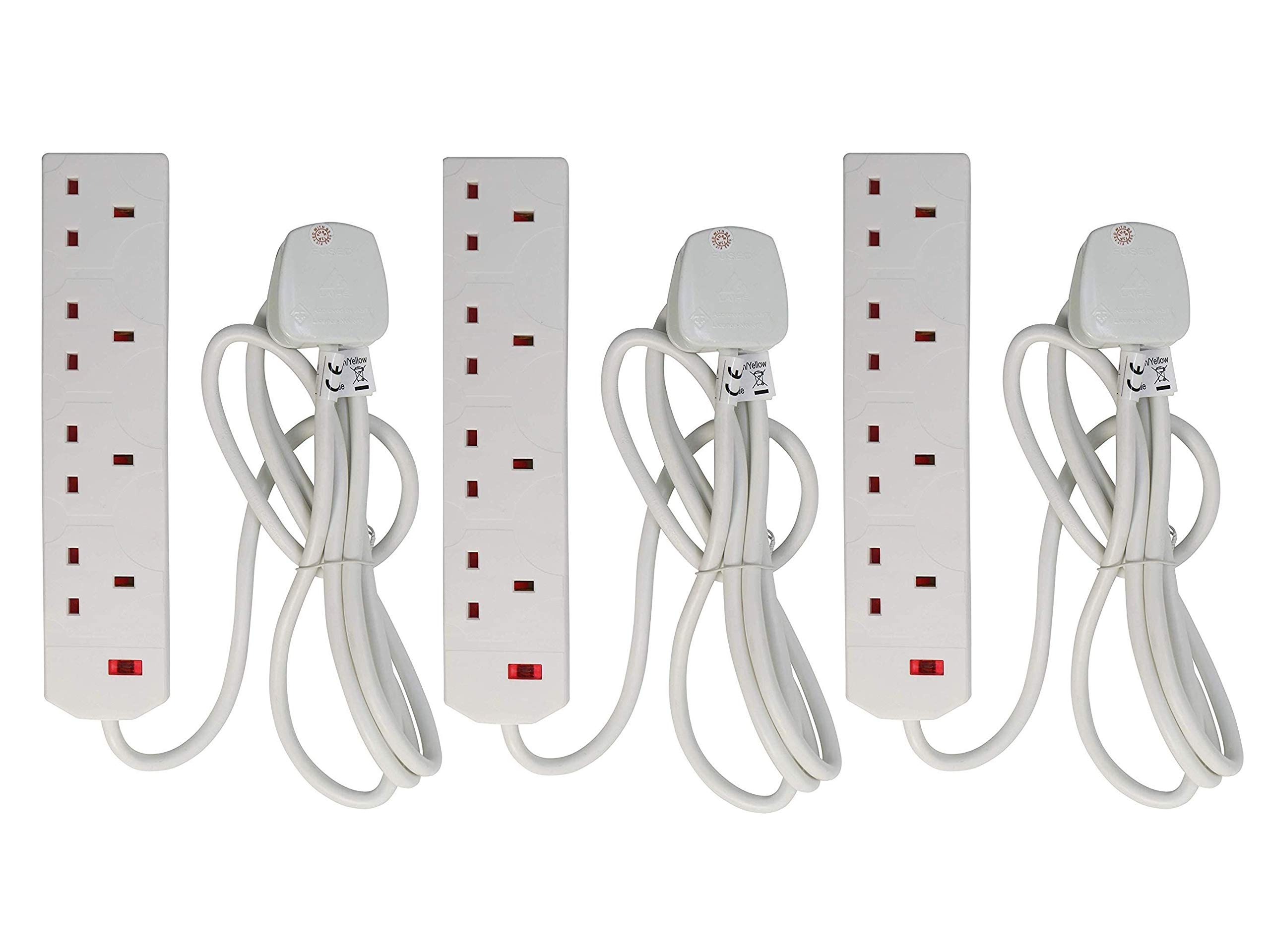 Bargain House 4-Way UK 3Pin Plug Extension Lead - Efficient Power Distribution with Neon Indicator – Suitable for office, Travelling, Garage – Available in Various Packs – White White (2M Pack Of 3)