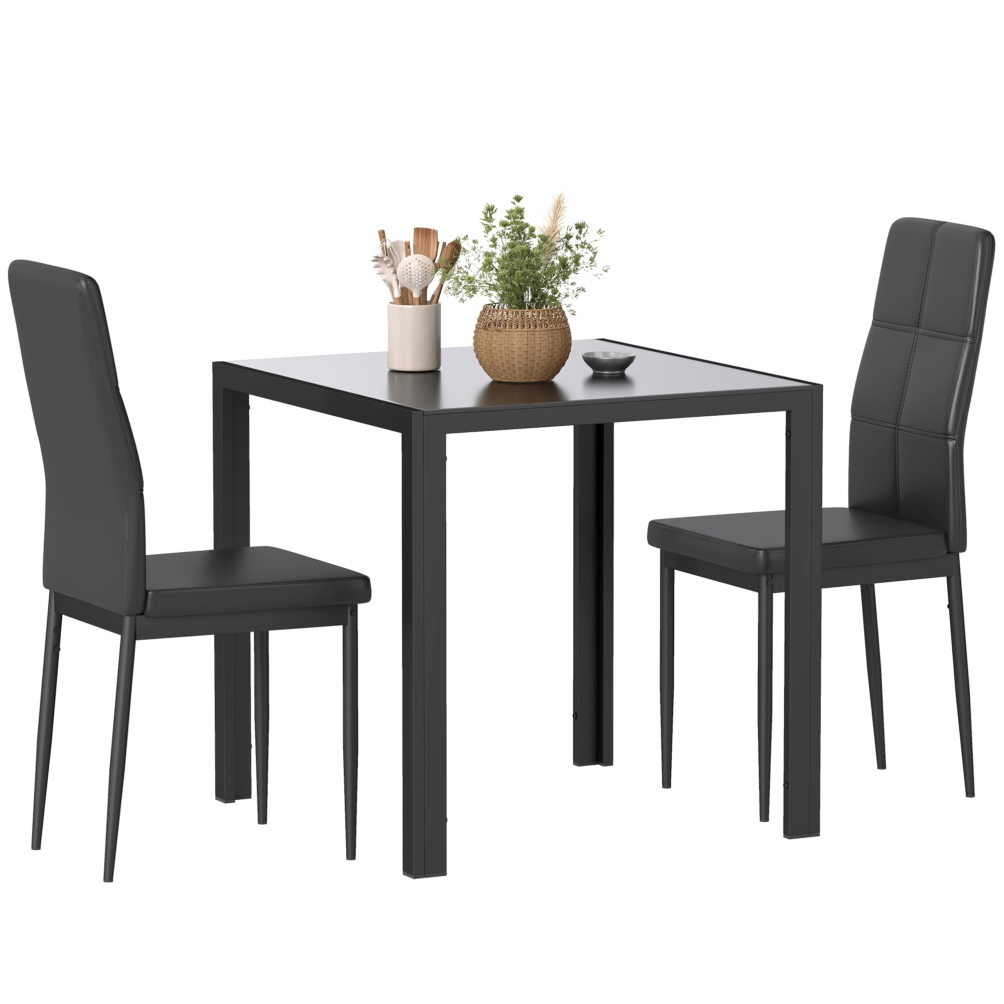 HOMCOM Ensemble Table à Manger et Chaises pour 2 Personnes, Table de Cuisine, Plateau Rectangulaire en Verre, Structure en Métal, Noir
