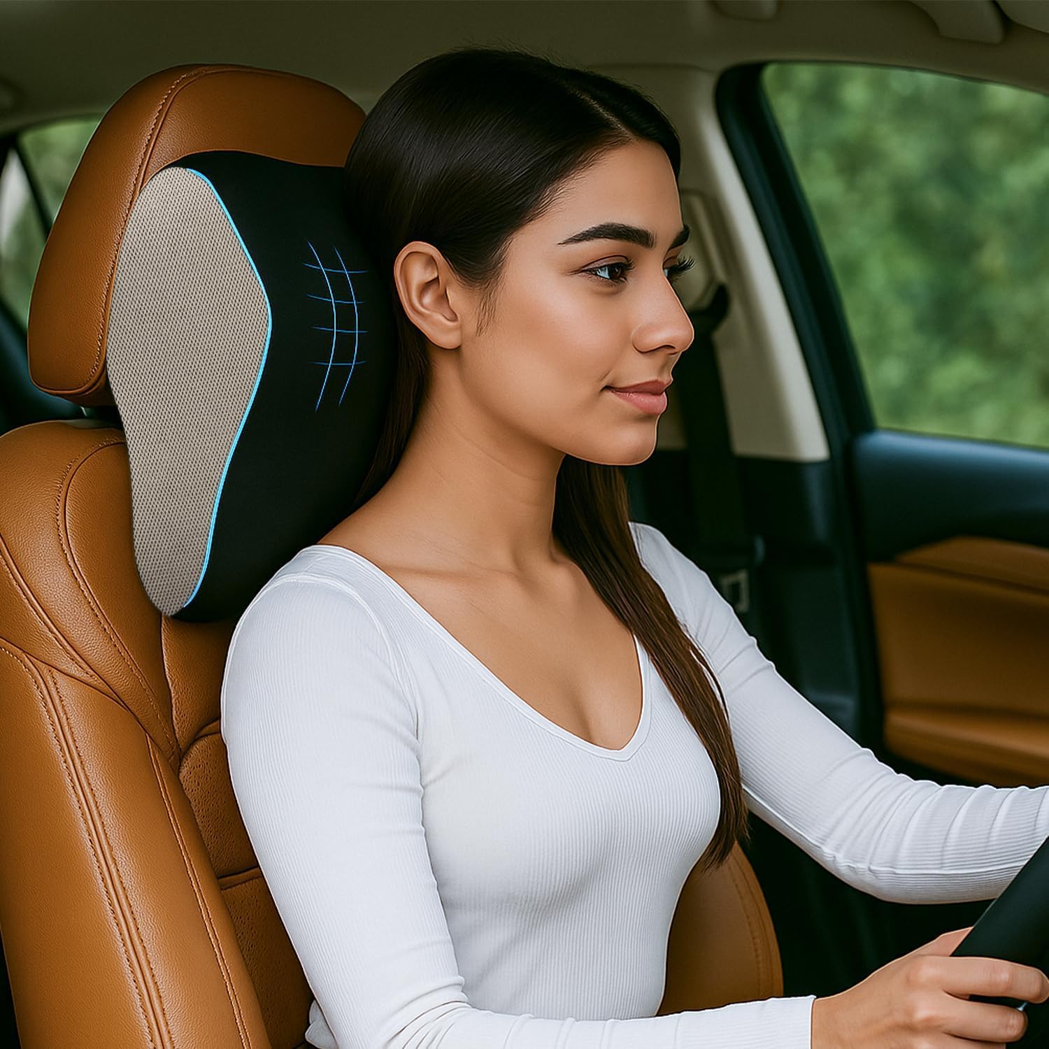 Sleepsia Car Neck Pillow for Head & Cervical Support | 1 Year Warranty | 100% Memory Foam | Ergonomic Car Seat Headrest Cushion – Relieves Neck Pain (Black/Grey)