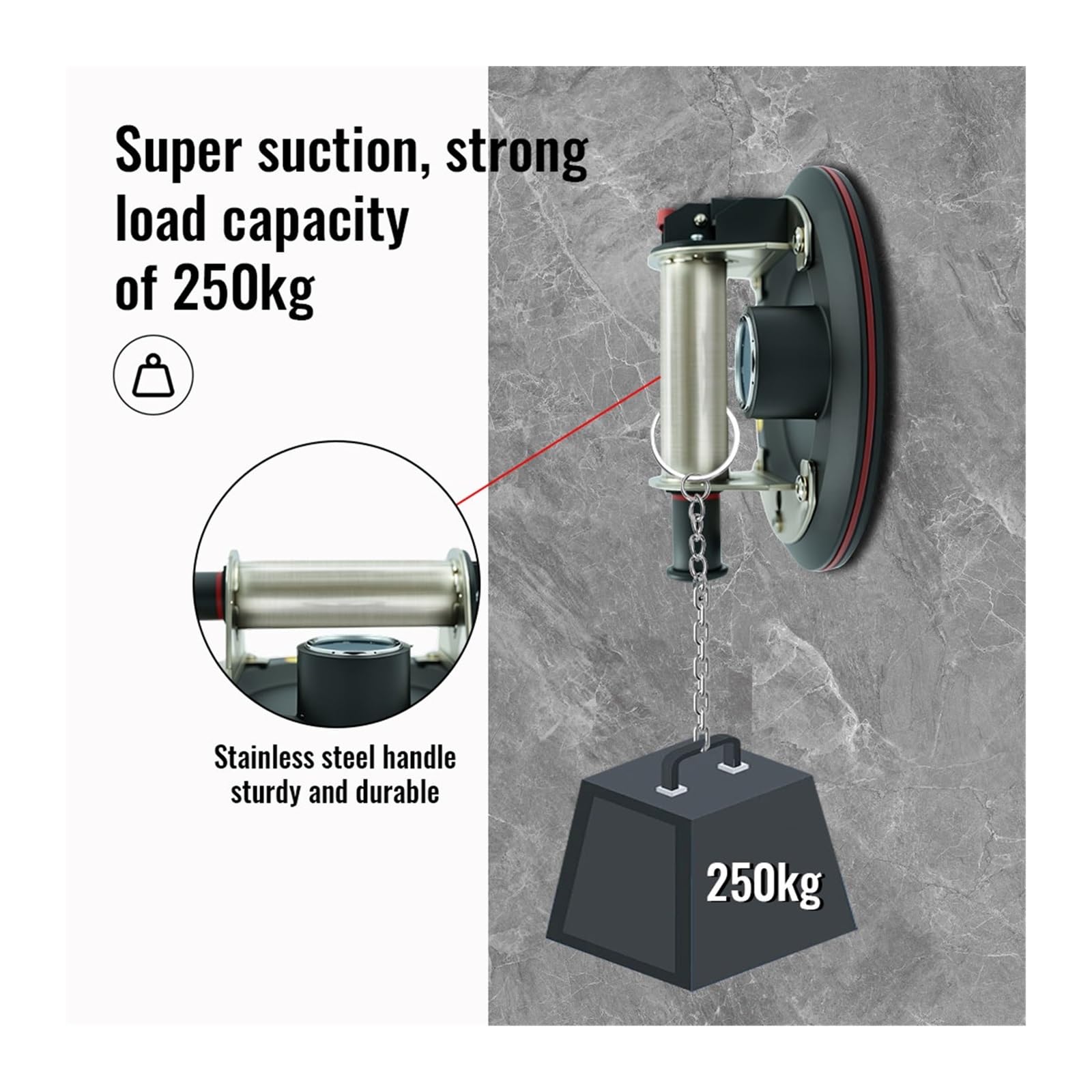 Ventosas de vidrio, La Ventosa De Vacío Con Mango Metal Acero Inoxidable Y Capacidad Carga 250 Kg Se Utiliza For Mover S, Baldosas para azulejos, parabrisas, ventanas(With box)